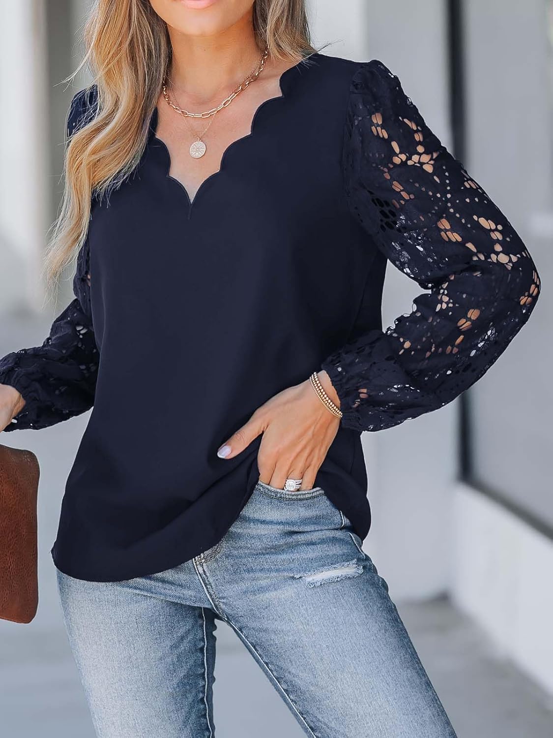 CUPSHE Women Lace Elegant Blouse Long Sleeve Eyelet V Neck Dressy Party Floral Tops Scalloped V Neck - Image 3