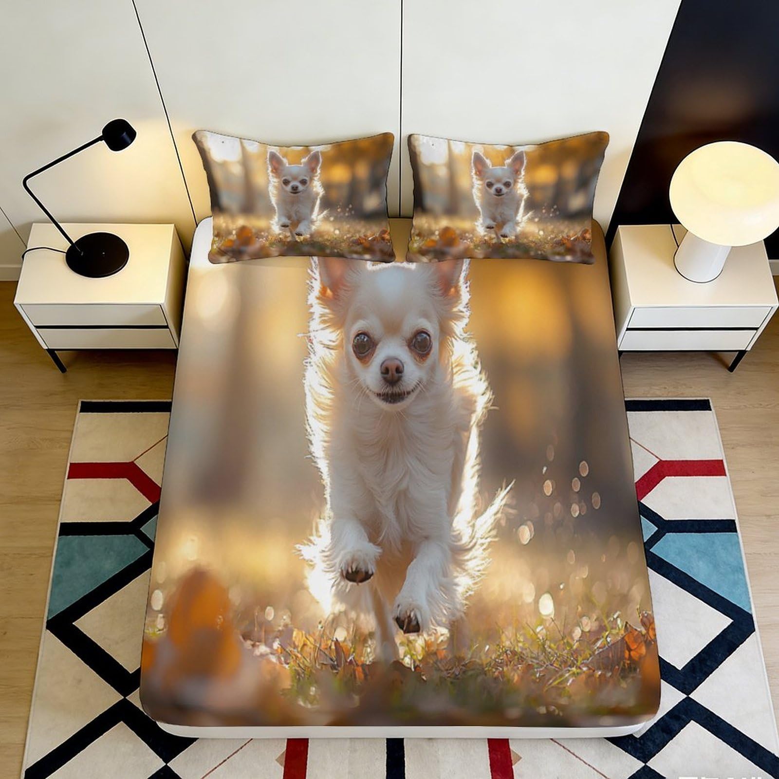 3D Printed Chihuahua Dog Fitted Sheet Microfiber Soft Breathable Puppy Bed Cover for Bedroom Dormitory Guest Room Mattress Protection Decor 120x200x25cm