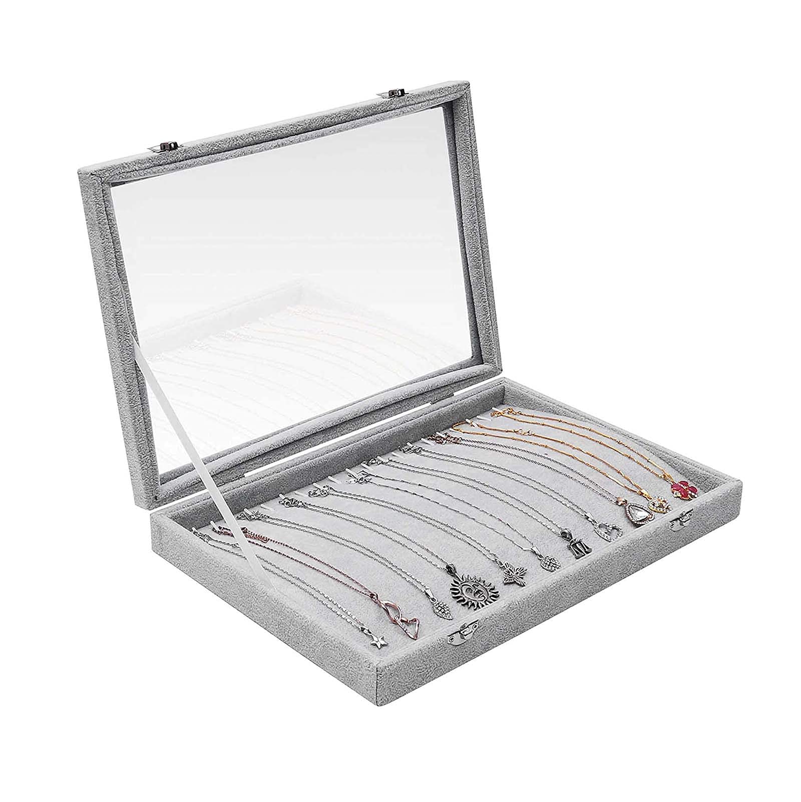 NZPOST Caja de almacenamiento para collares, caja expositora de terciopelo gris con 20 ganchos y tapa de cristal con cerradura, joyero f