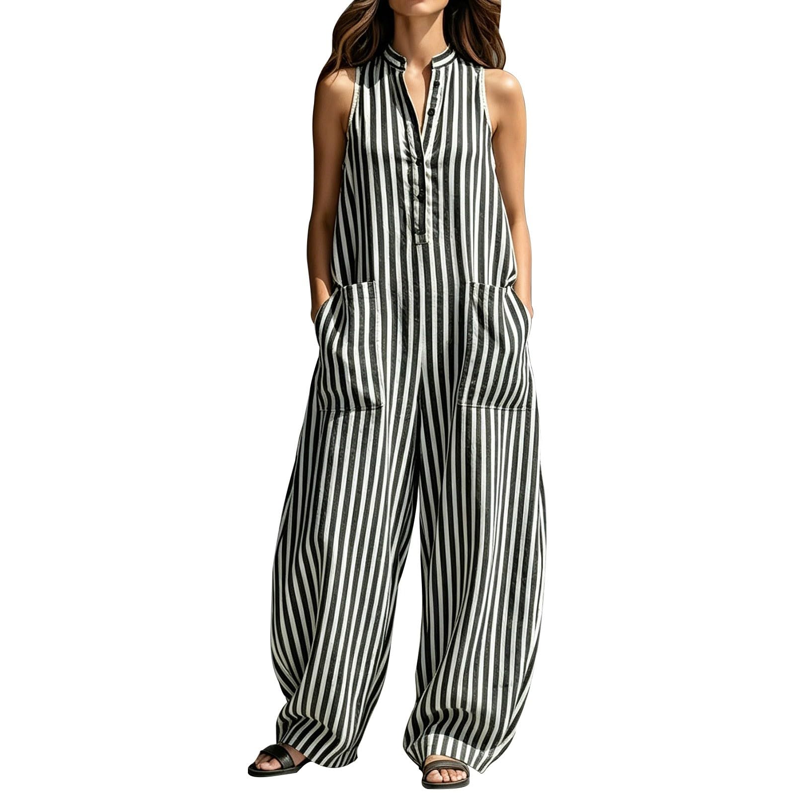 Generisch Tuta estiva da donna, lunga, a gamba larga, senza maniche, elegante | Tuta intera, oversize, a righe, con grandi tasche, scollo a V, con bottoni, casual, per tutti i giorni