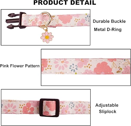 Miniatura 6 de ADOGGYGO Collar de perro con lazo floral rosa, ajustable, a cuadros rosados con corbatín extraíble, collares de flores rosas para mascotas pequeñas,