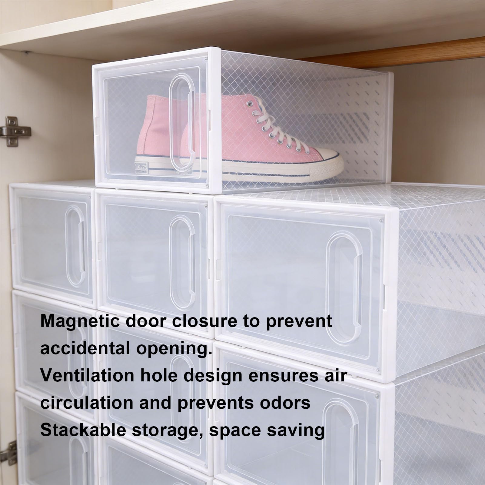 Caja de Almacenamiento de Zapatos Apilable Transparente de 6 Piezas con Puertas Magnéticas, Diseño Ventilado para Zapatillas, Tacones Altos y Zapatos Planos, Ideal para