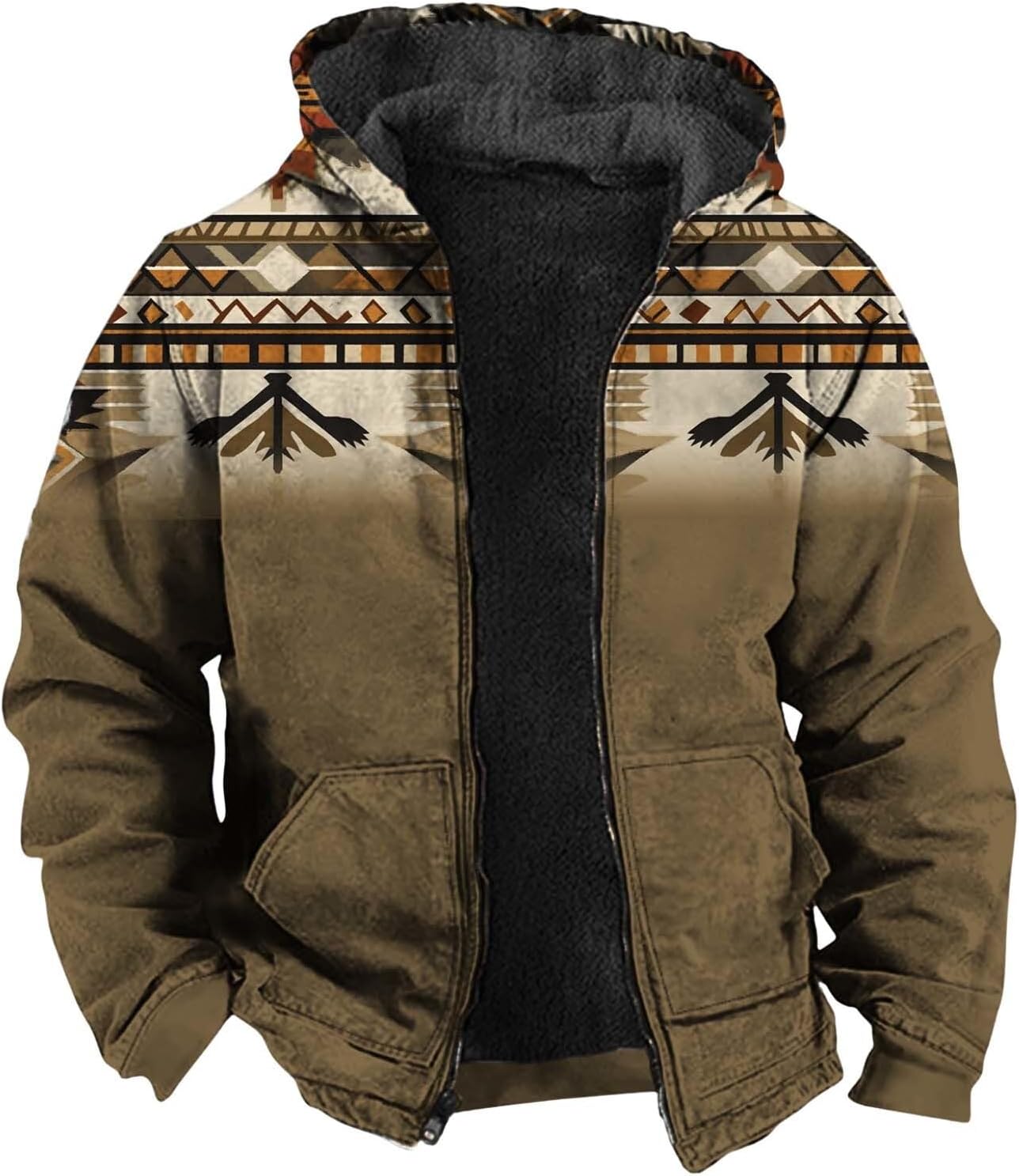 Mens Geometric Print Fleece Lined Hooded Jacket Full Zip And Functional Pockets Keep You Cozy This Winter