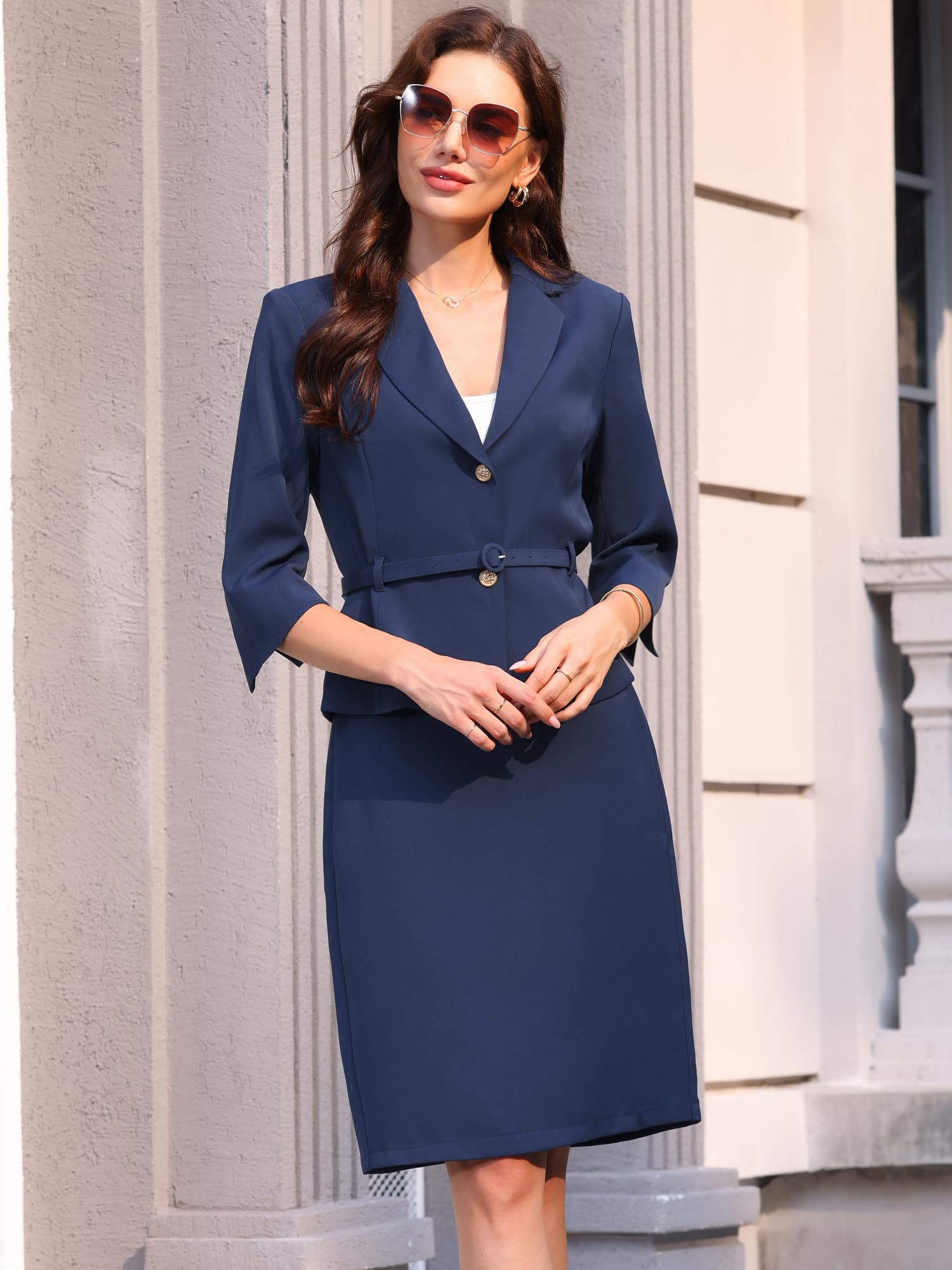 Hobemty Ensemble 2 Pièces pour Femme Blazer à Manches 3/4 avec Ceinture et Jupe Courte Crayon