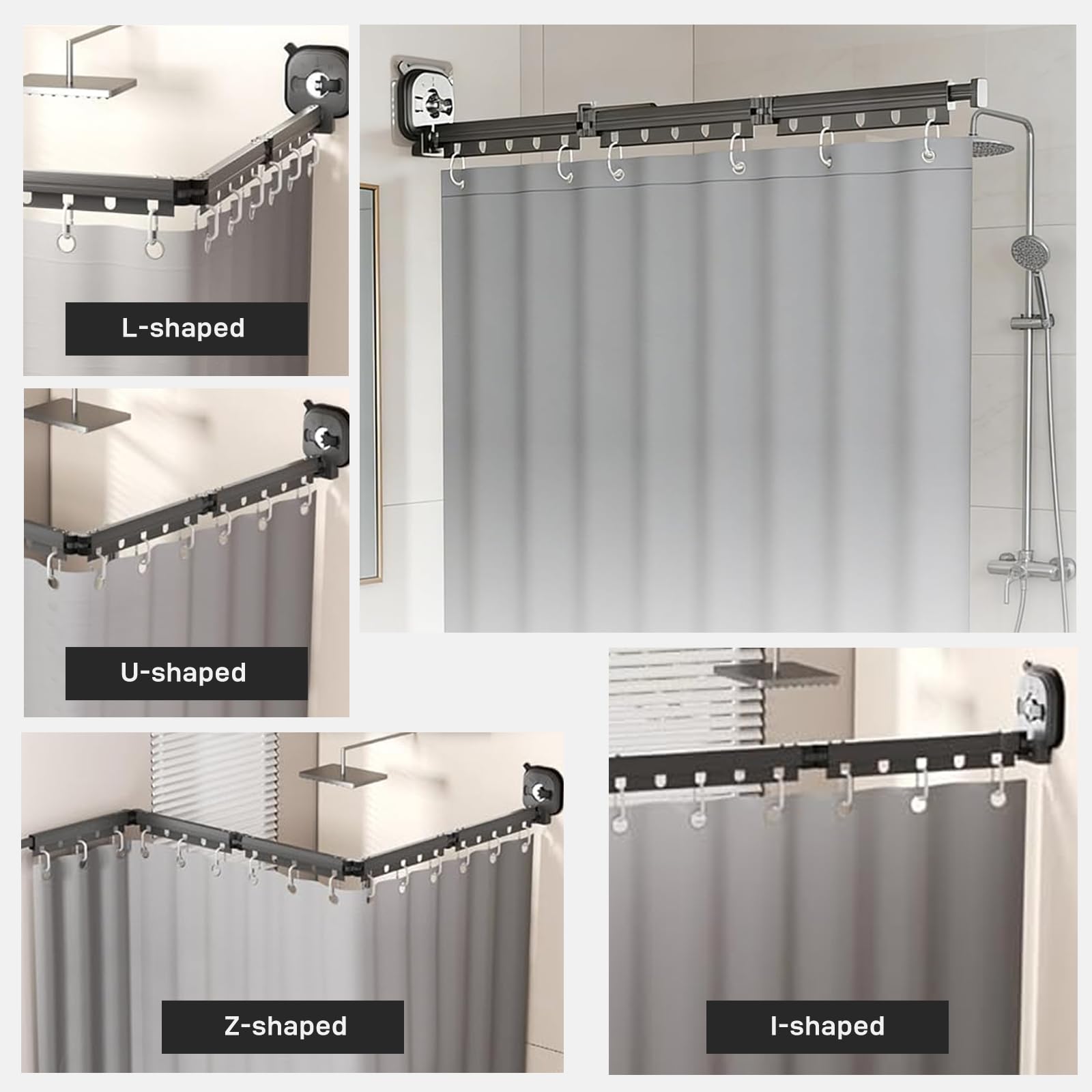 Duschvorhangstange - Ohne Bohren L/U Form 3 Fold Faltbar - Duschstange Mit Starkem Saugnapf Shower Curtain Rail Winkelverstellbar Wasserdicht Für Bad Wohnmobil Gäste Wc