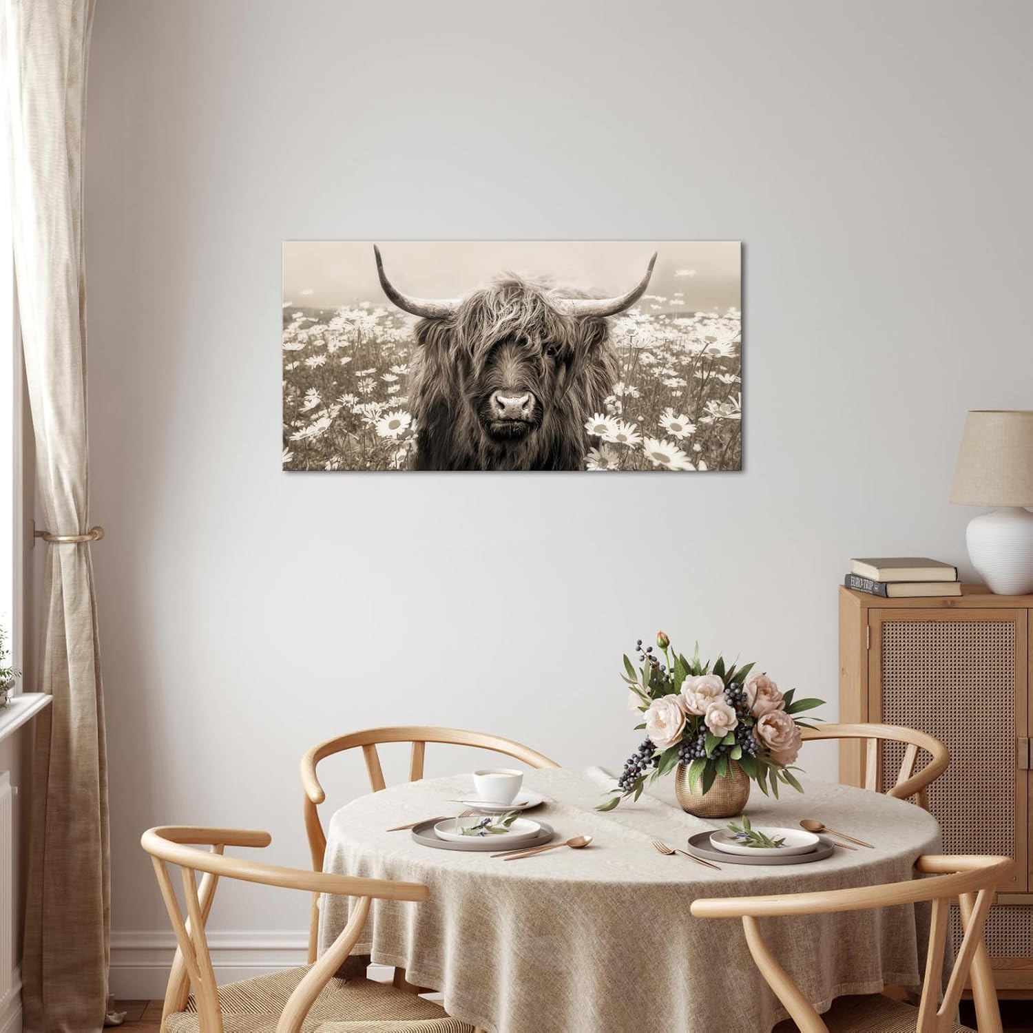 iKNOW FOTO Rustic Highland Cow & Flower Canvas Art 24x48 - Sepia Longhorn Animal Painting, Floral Country Landscape Longhorn Cattle Picture for Living Room, Bedroom, Kitchen Farmhouse Decor Poster