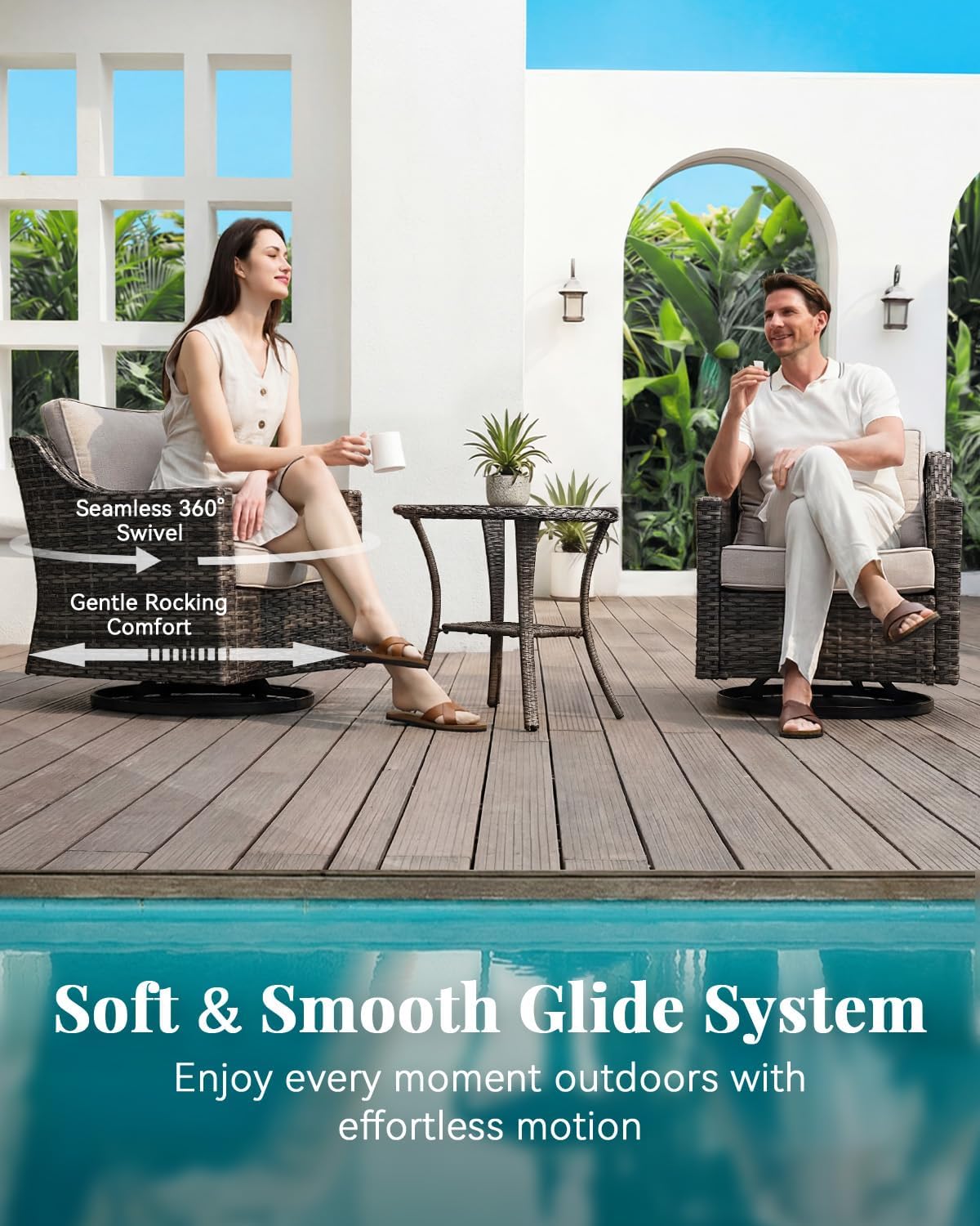 Patio Furniture Set 3 Pieces Luxury Outdoor Bistro with Swivel Rocker Chairs and Side Table, Easy Assembly Conversation Set for Porch Deck Balcony Yard in Gray Wicker and Beige Cushions