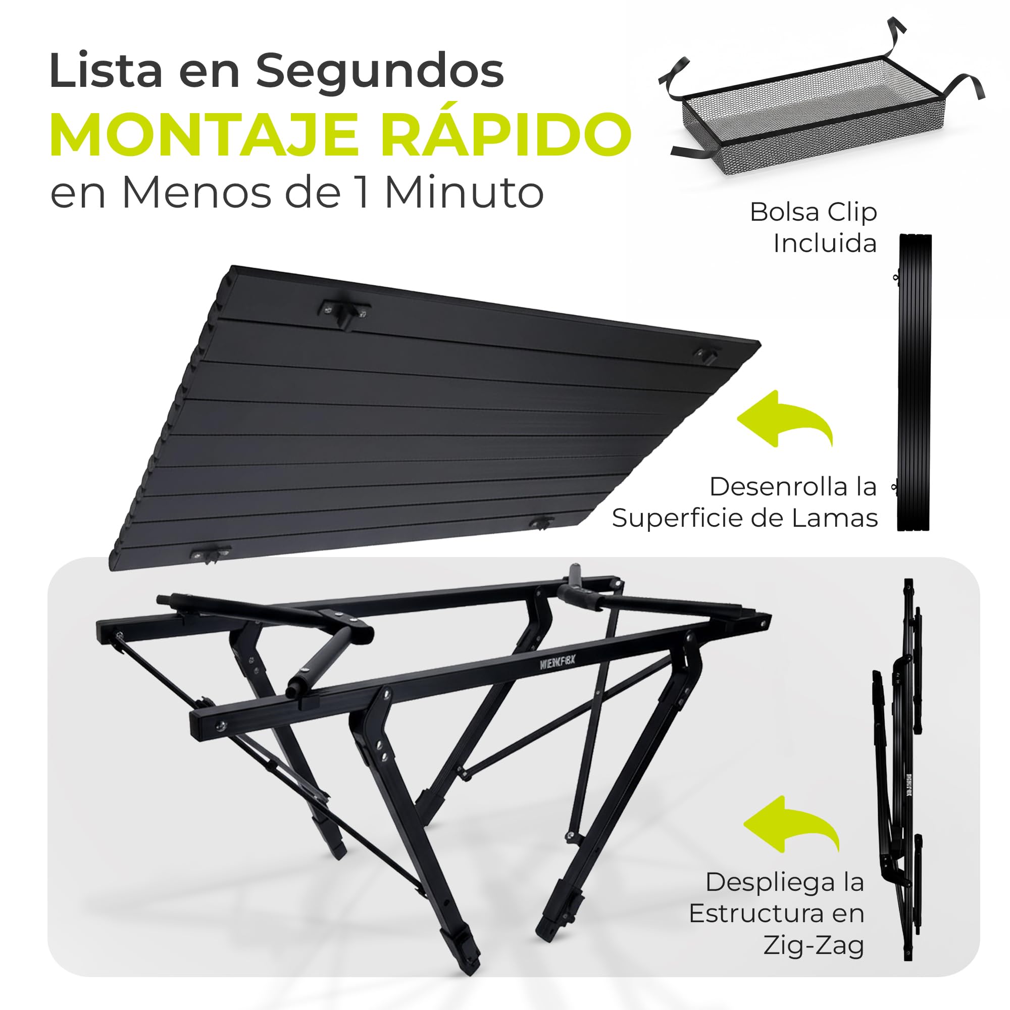 Mesa Enrollable Camping - Aluminio, 30 kg, 90x51 cm | Altura regulable 45-65 cm - tablero enrollable - bolsa de transporte incluida - solo 3,9 kg