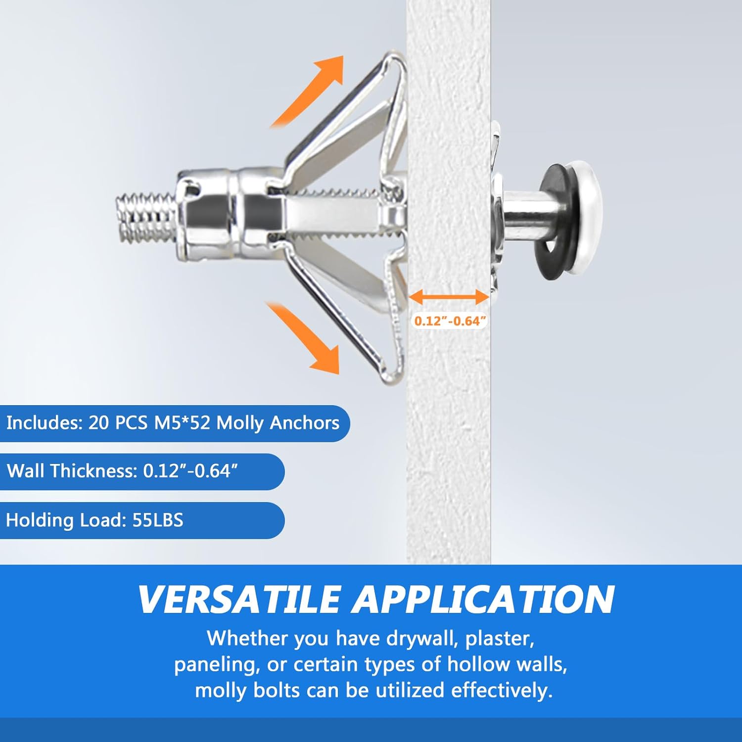 AKKTOL 20pcs M5*52 mm Heavy Duty Zinc Plated Steel Molly Bolts Hollow Wall Anchor