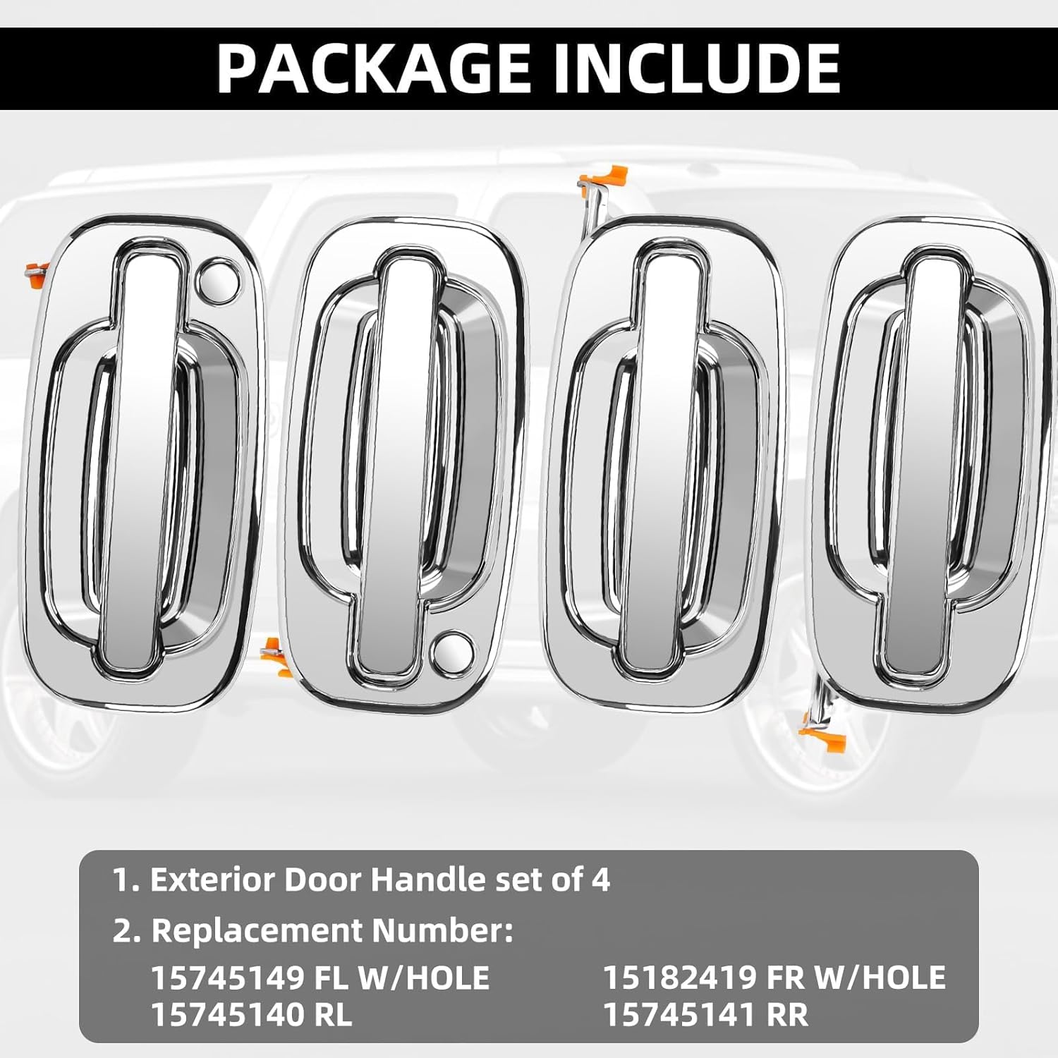Cheriezing Chrome Exterior Door Handle Compatible with 1999-2006 Silverado, Avalanche, Sierra, Escalade, ESV, EXT 15745149 FL w/Hole, 15182419 FR w/Hole, 15745141 RR, 15745140 RL | Set of 4