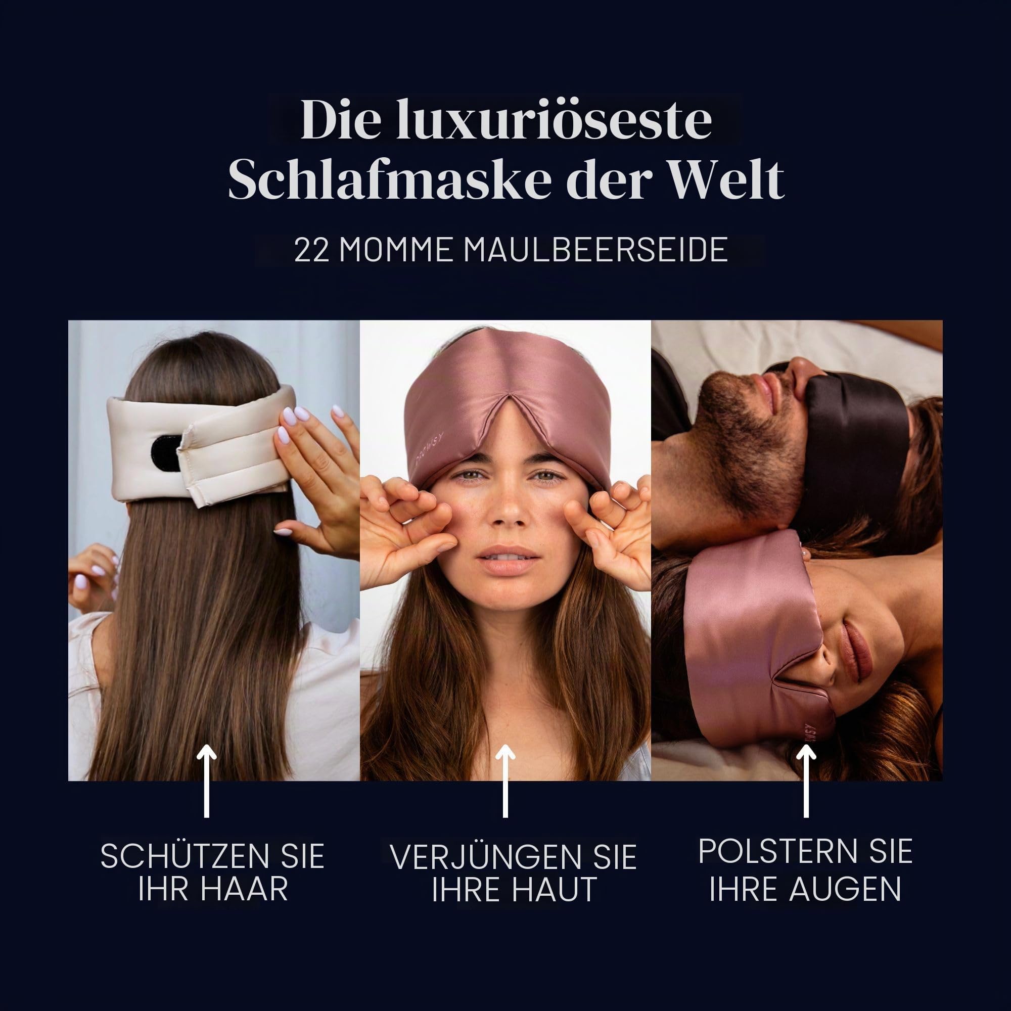 DROWSY Silk Schlafmaske. Ein gepolsterter Seidenkokon, der sich an das Gesicht anschmiegt und für luxuriösen Schlaf in völliger Dunkelheit sorgt. (Midnight Blue)