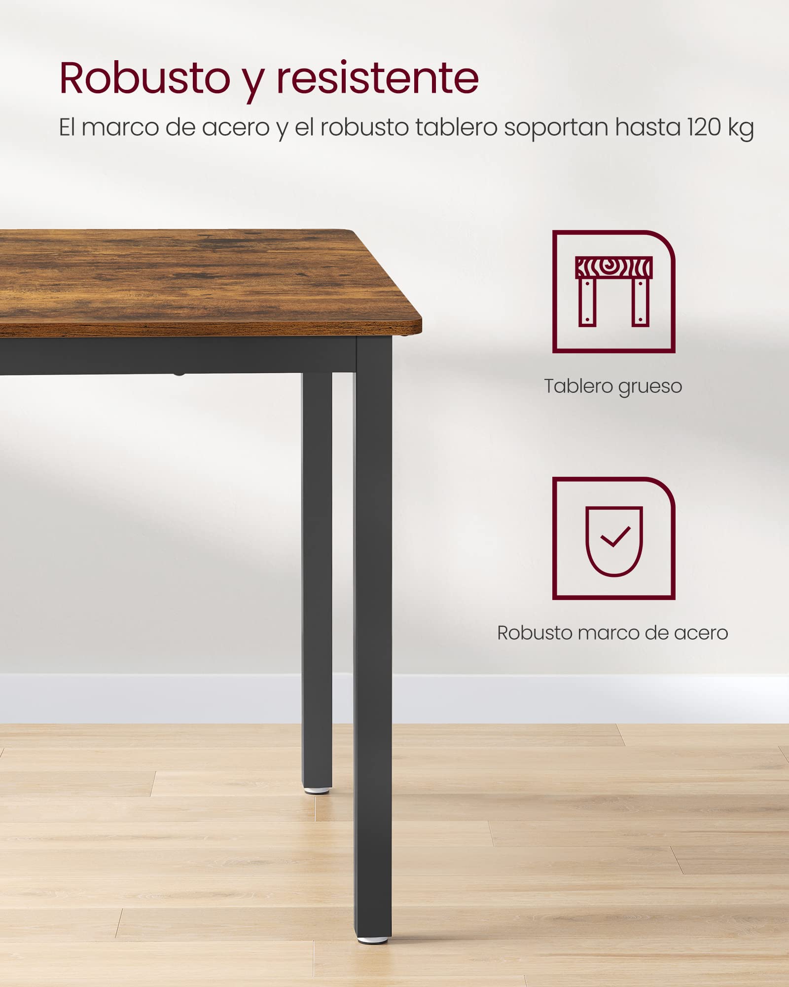 VASAGLE Dining Table, Kitchen Table, 70 x 110 x 77 cm, Dining Table for 4 People, Living Room Desk, for Dining Room, Kitchen, Industrial, Rustic Brown and Matte Black KDT081B01 - 5