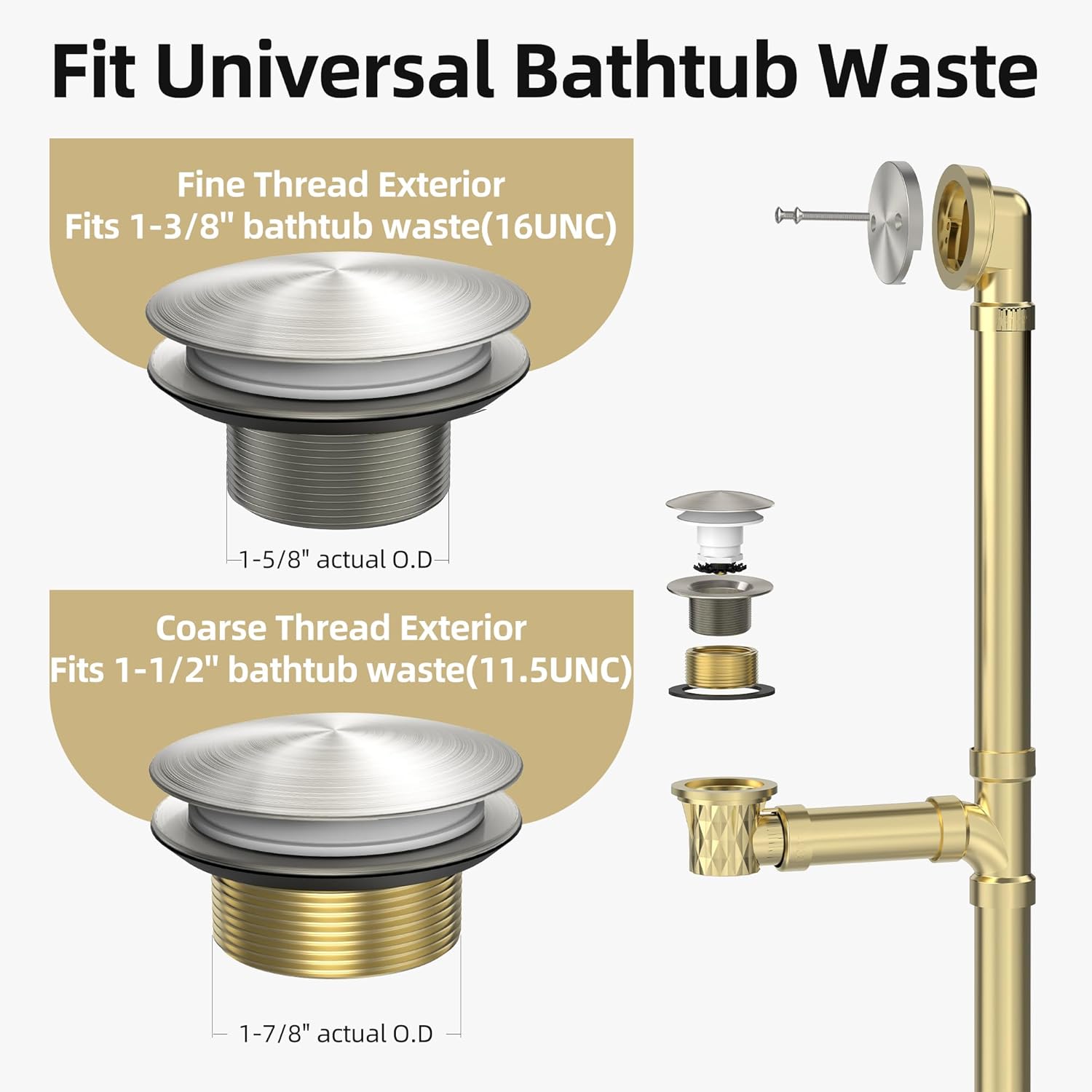 Brushed Nickel Tub Drain Kit with Hair Catcher, Premium Brass Mushroom Tip-Toe Bathroom Tub Drain Replacement and 2-Hole Overflow Faceplate, 11.5/16 UNC Bathtub Drain Stopper Assembly