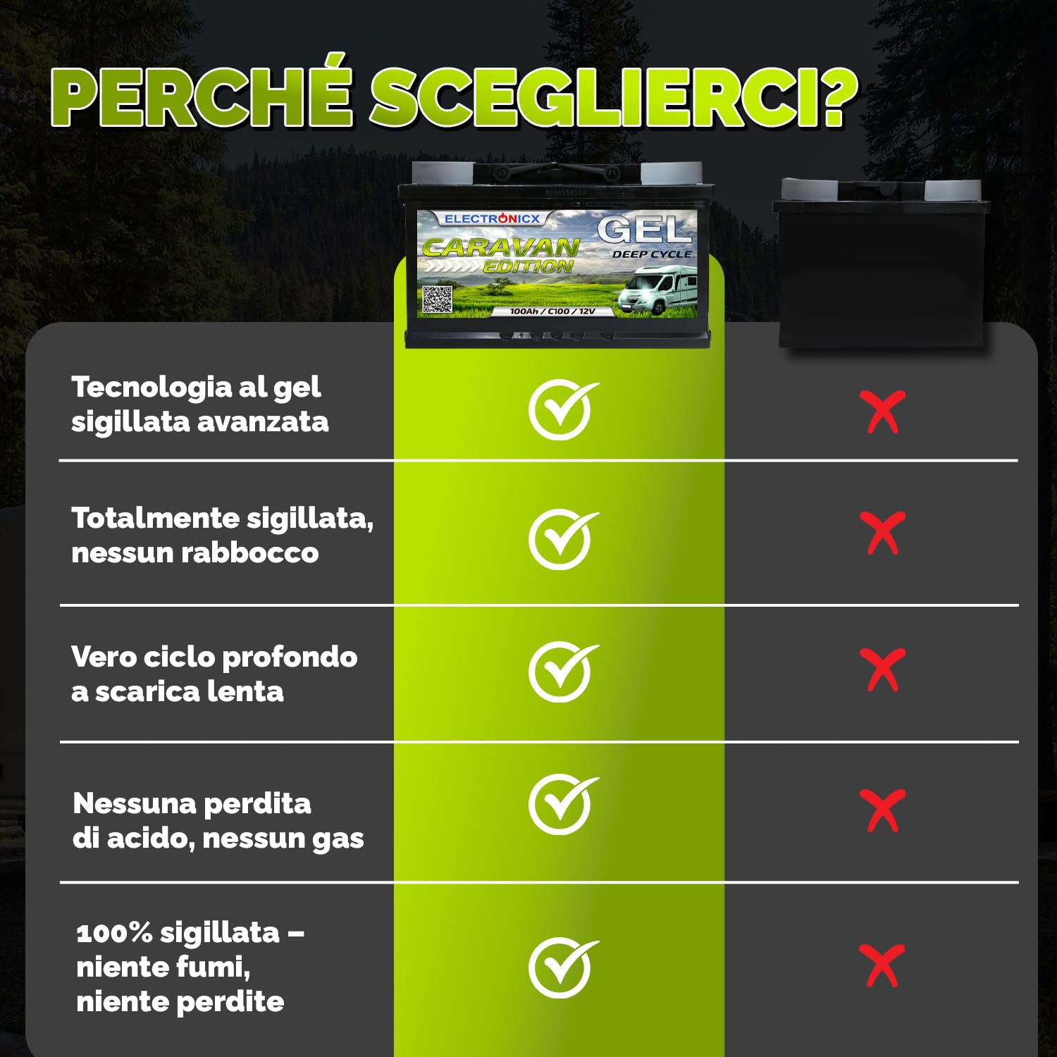 Batteria GEL 12V 100Ah Ciclo Profondo – Batteria Senza Manutenzione per Camper, Caravan, Barca, Casetta da Giardino, Sistemi Solari Off-Grid – Electronicx Caravan Edition