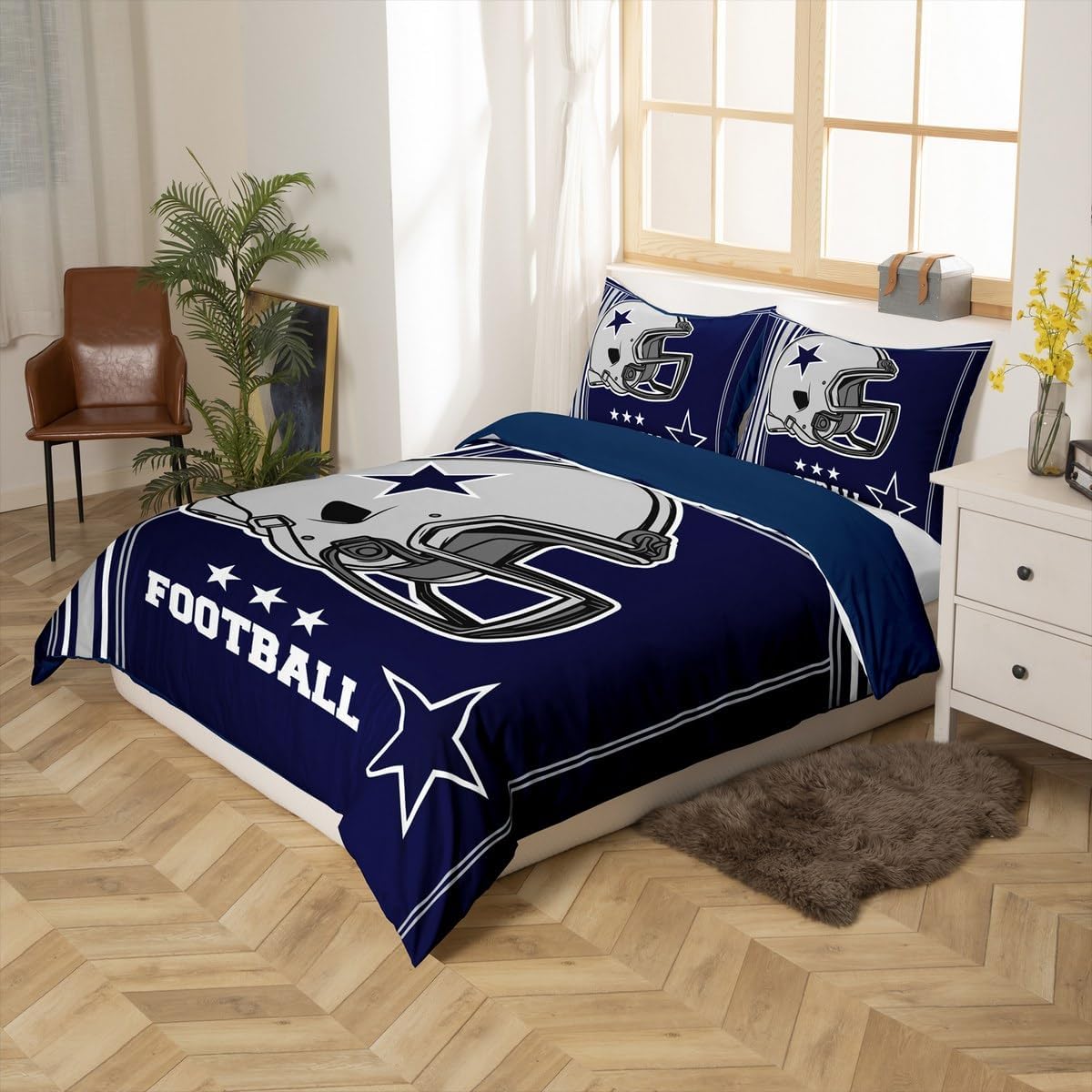 American Football Duvet Cover Set King Size,Western Texas Star Cowboy Football Sports Bedding Set,Boys Men Room Decor,Rugby Helmet Geometric Stripes Comforter Cover,Blue Quilt Cover,2 Pillowcases