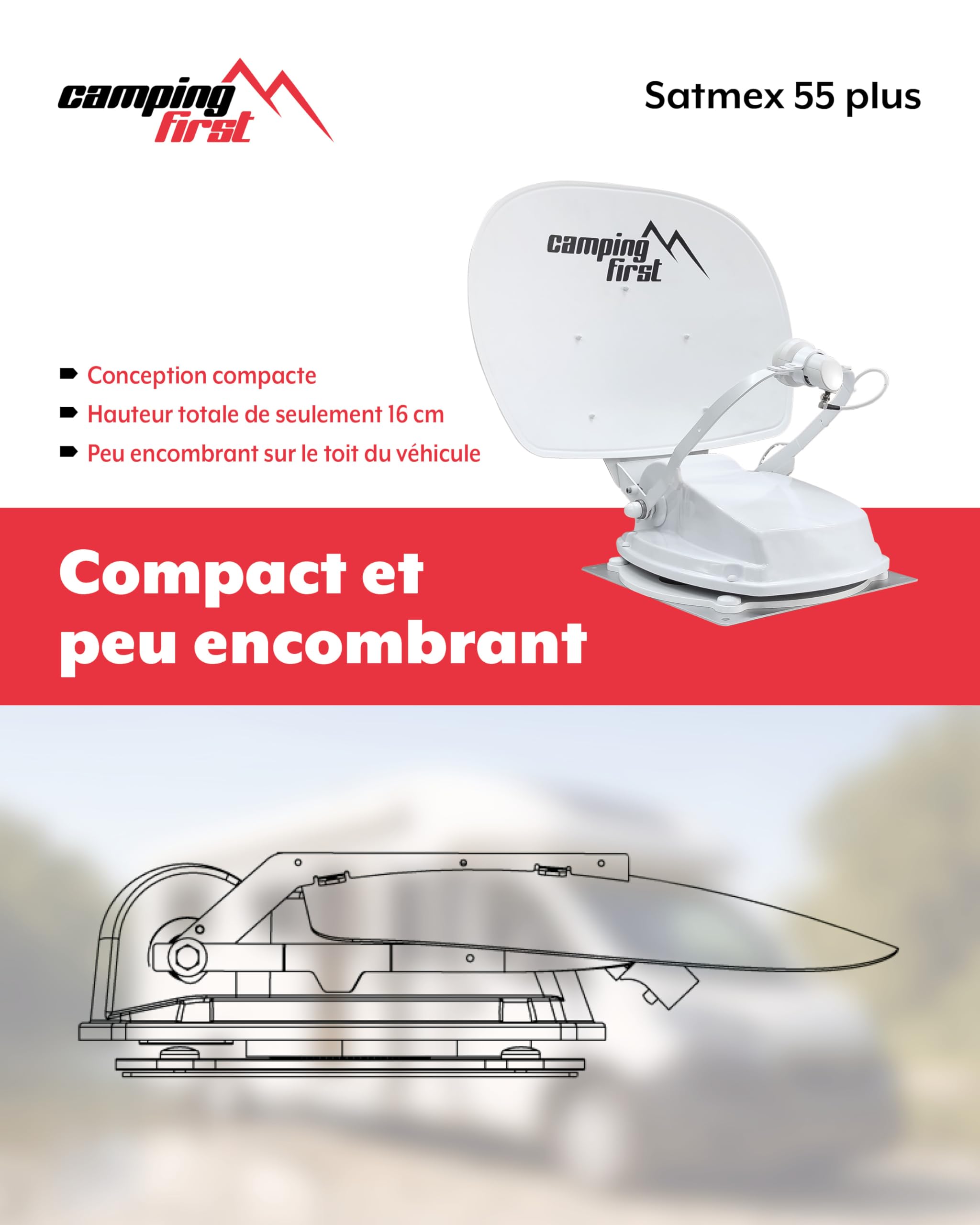 Satmex 55 Plus – Antenne Satellite Automatique – Blanc | Montage sur camping-car, seulement 16 cm de hauteur, Bluetooth, grande portée de réception