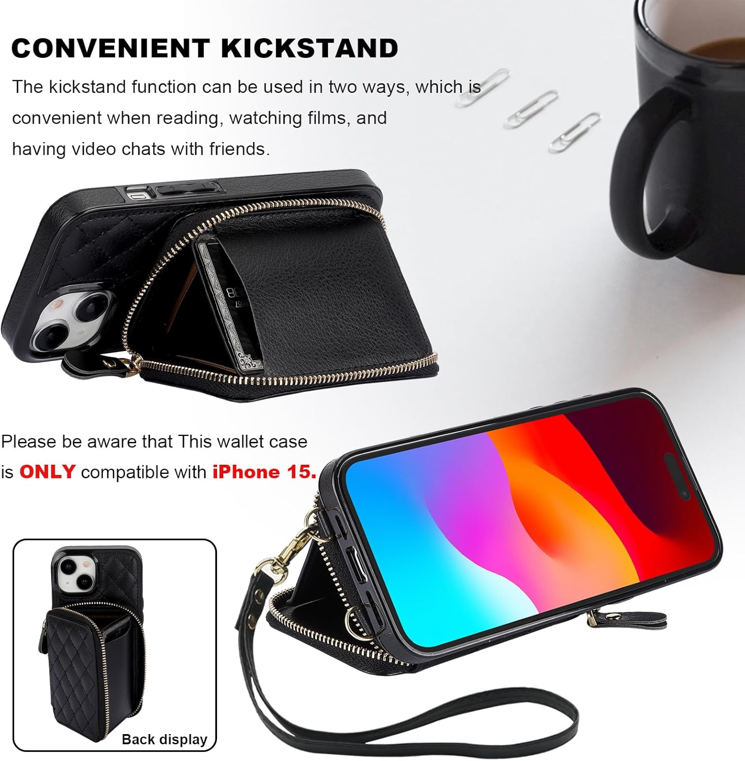 Bocasal Crossbody Wallet Case for iPhone 15, RFID Blocking PU Leather Zipper Handbag Purse Flip Cover, Kickstand Folio Case with Card Slots Holder Wrist Strap Lanyard 5G 6.1 Inch (Black) - Image 6
