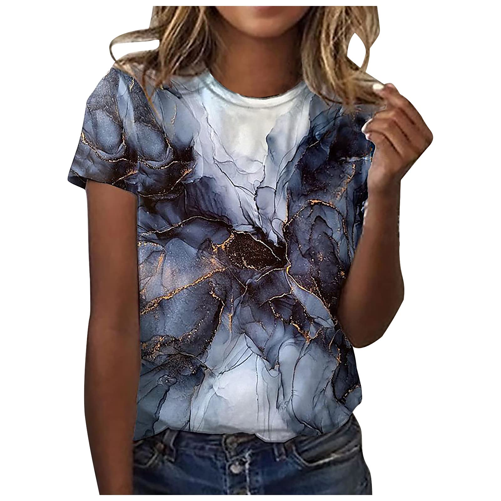 JEGULV Summer Tshirts for Women 2024, Women's Short Sleeve Blouse Daisy Floral Print Basic Summer Tee Shirts
