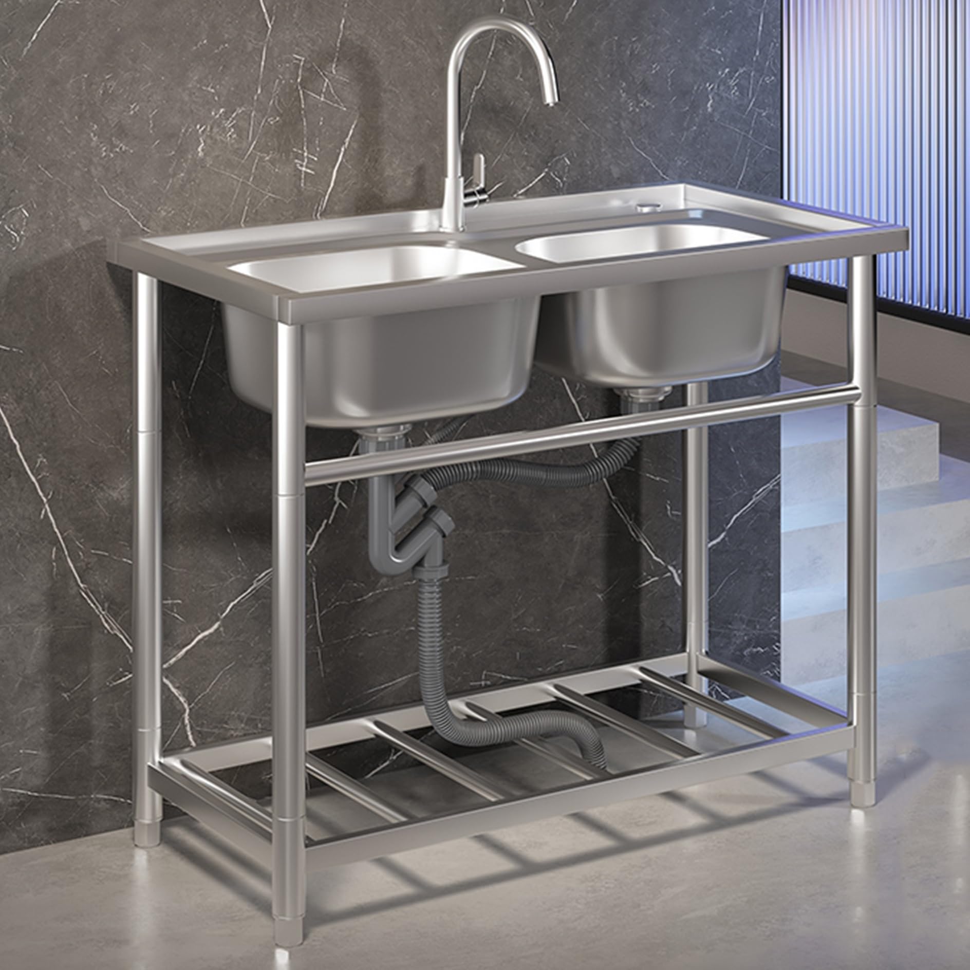 DFGHNBVC Stainless Steel Utility Sink Double Bowl Freestanding Commercial Sink Cabinet For Outdoor Kitchen Backyard Restaurant Laundry Garage Workshop