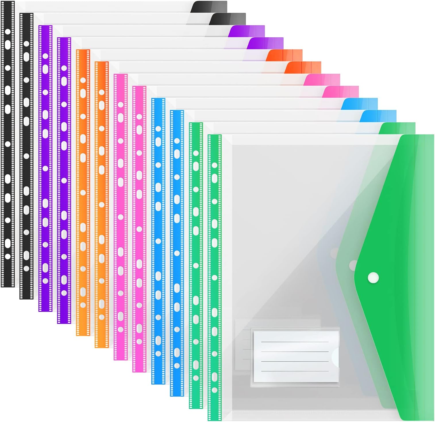 ABC life Pack of 12 A4 Plastic Expanding Punched File Folders Pockets with Press Stud Closure and Label Pouch, 6 Colours