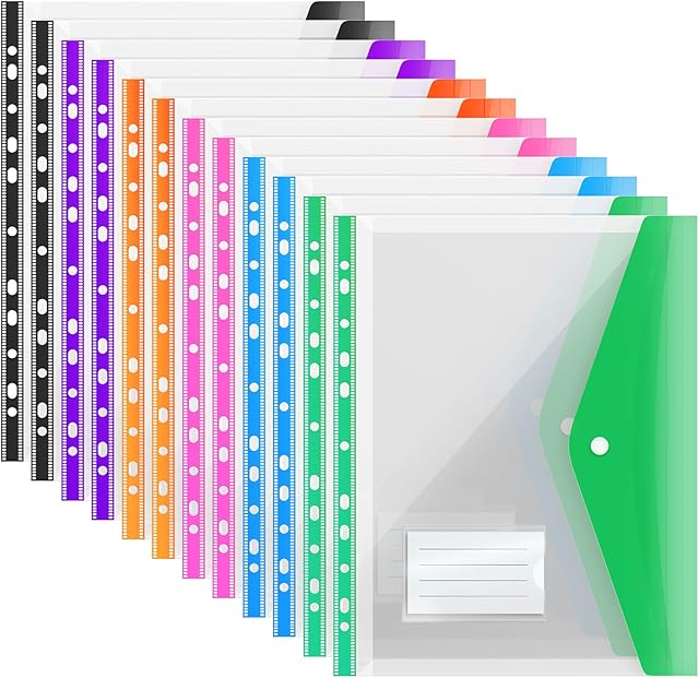 ABC life Expandable Punched Pockets A4 Plastic Wallets 12 Pack A4 Folders Wallets Plastic Document Files Popper Wallets, A4 Transparent Pocket with Snap Fastener and Label Pocket, 6 Colors