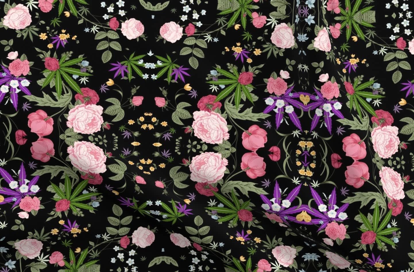 Spoonflower Fabric - Cannabis Rose Floral Roses Marijuana Printed on Upholstery Velvet Fabric Fat Quarter - Upholstery Home Decor Bottomweight Apparel