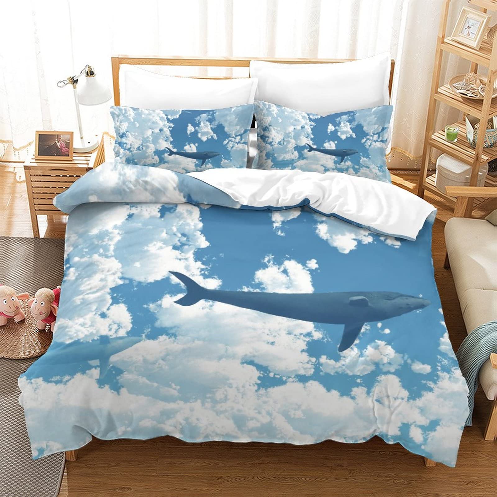 Housse de Couette imprimée 3D Baleine bleue literie lit double 200x200cm microfibre 3 pièces