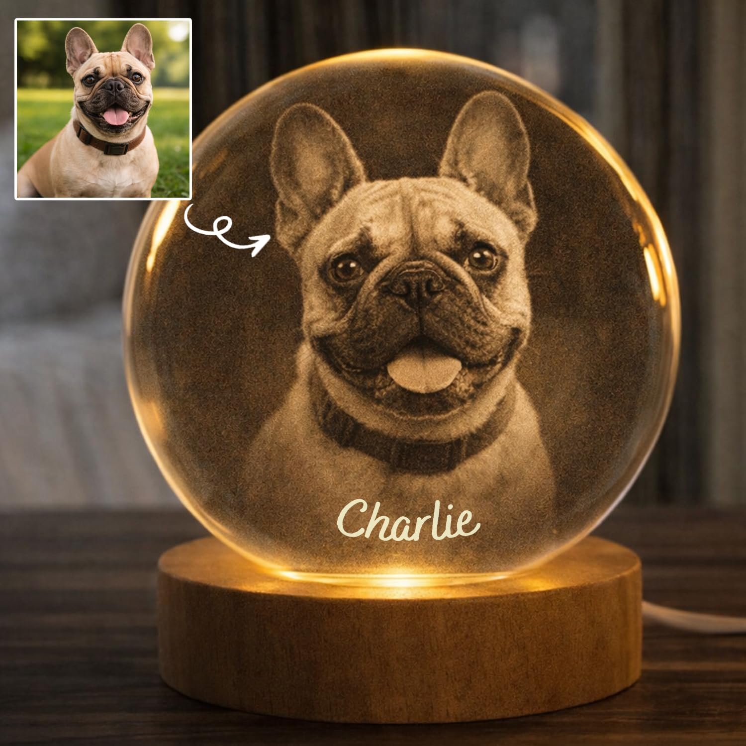 Personalized 3D Photo Crystal Ball, Custom Engraved Picture Lamp with Wood Base, Night Light for Dog Lovers, Dog Memorial Gifts, Loss of Pet Sympathy Gift Night Light, Custom Photo Portrait - Image 3