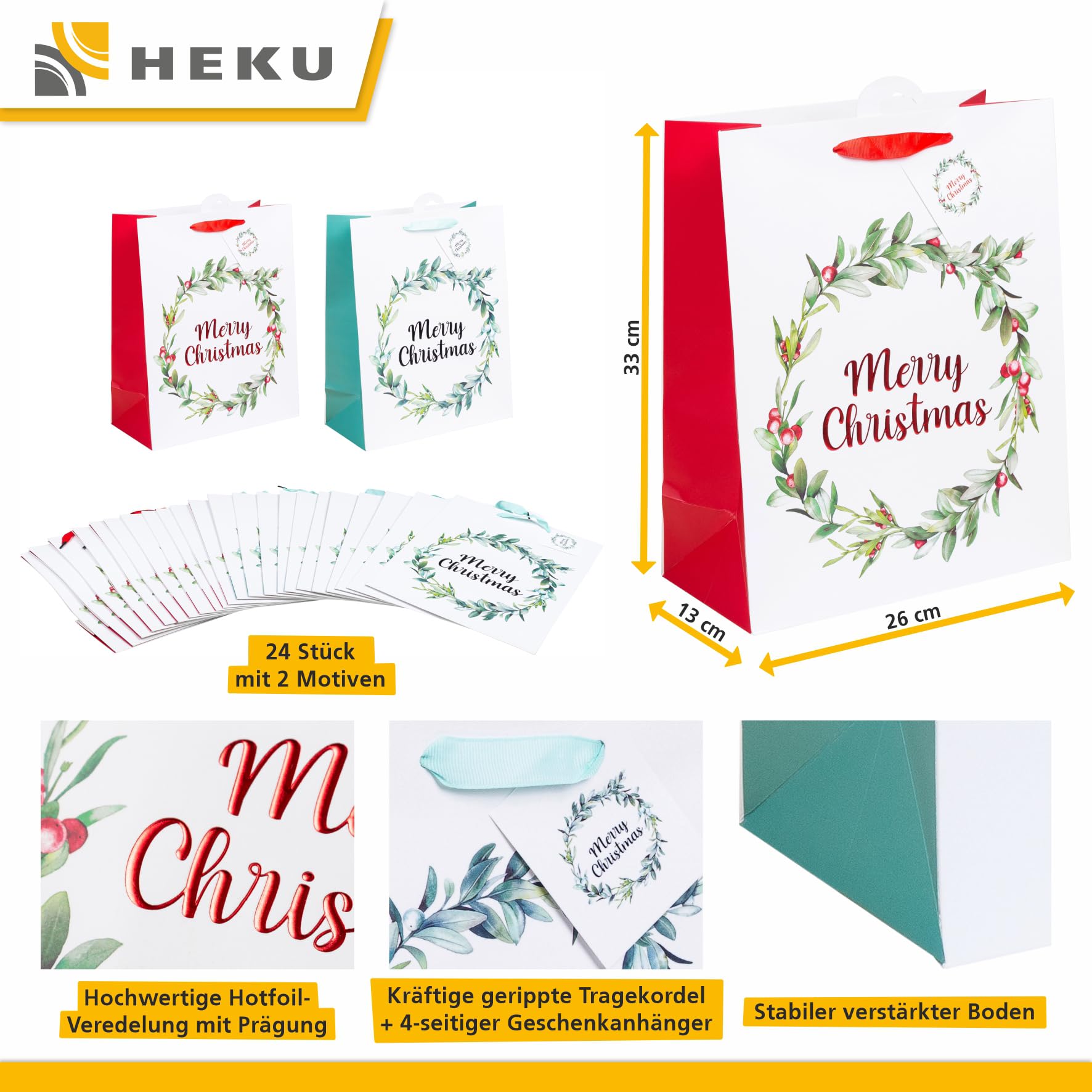 HEKU 24 sacchetti regalo natalizi XL, 33 x 26 x 13 cm, ghirlanda natalizia con finitura Hotfoil, inclusi bigliettini pieghevoli, carta di alta qualità