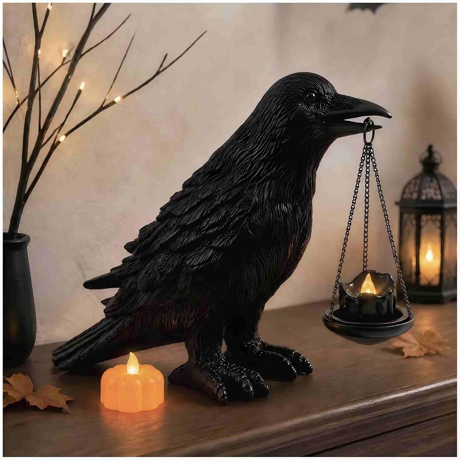 Gothic Crow Lamp Home Decor, Halloween Decorations Crow Candle Holder, Realistic Resin Black Bird Statue for Bookshelf, Fireplace and Living Room, Unusual Gift for Raven Collectors