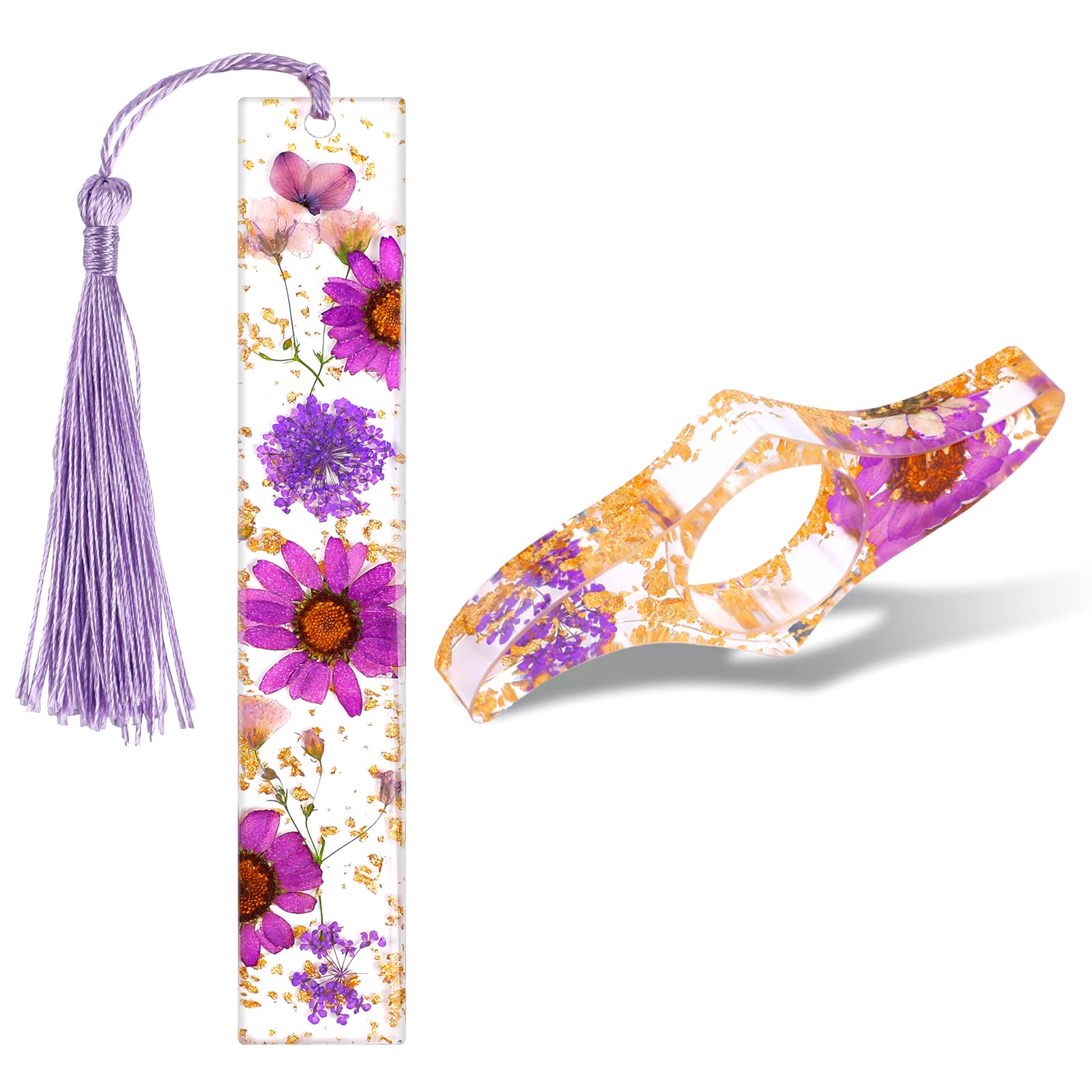Accessoire Lecture Décoratif Marque-pages Résine Fleurs Pressées Yuanchu - Lot De 2 Avec Pompon - Transparent Rose - Accessoire Lecture Mignon Accessoire Lecture Cadeau