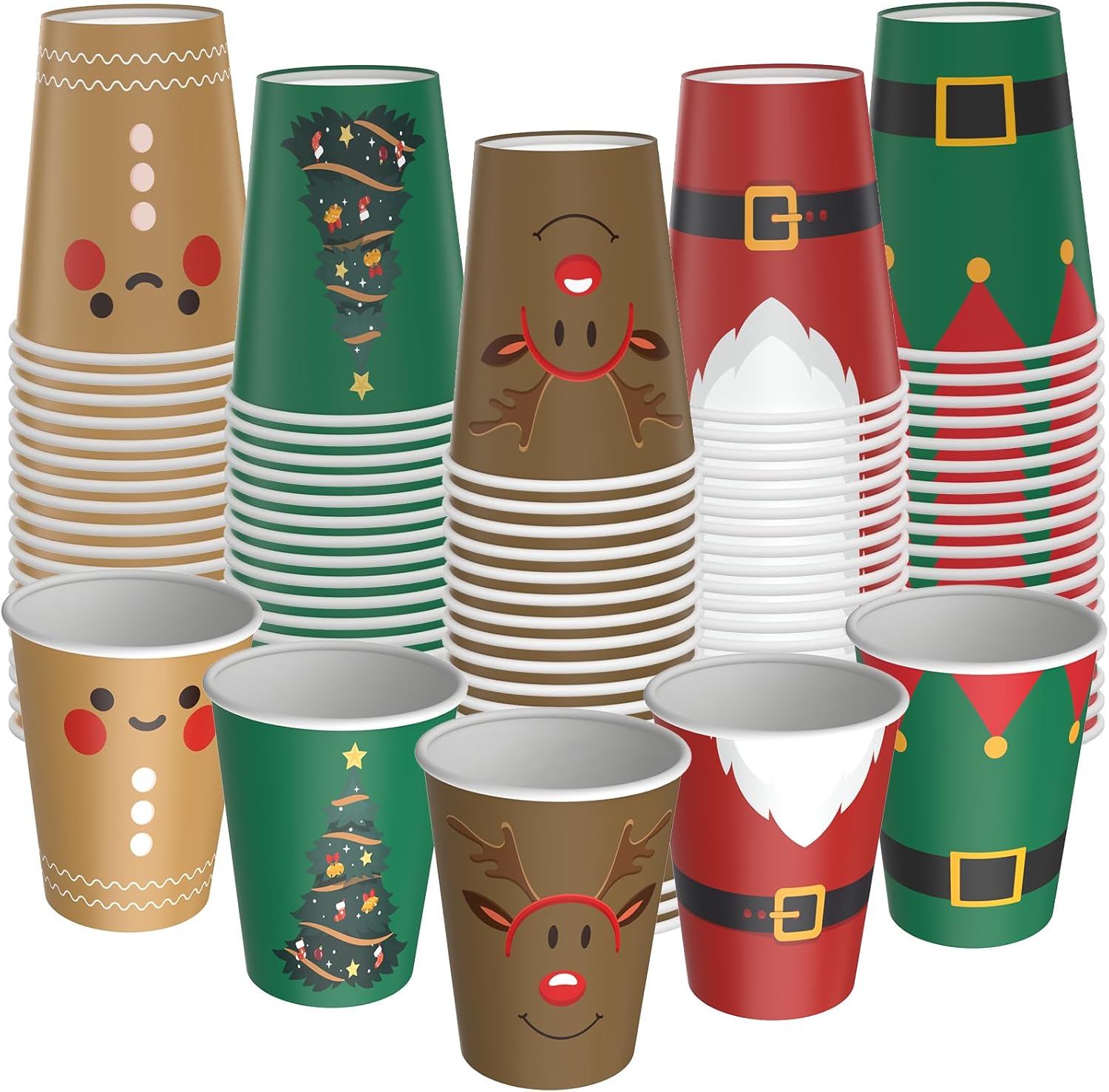 TeeFity 120 Pcs Christmas Disposable Paper Cups, 9 OZ Santa Elf Elk Cups for Coffee