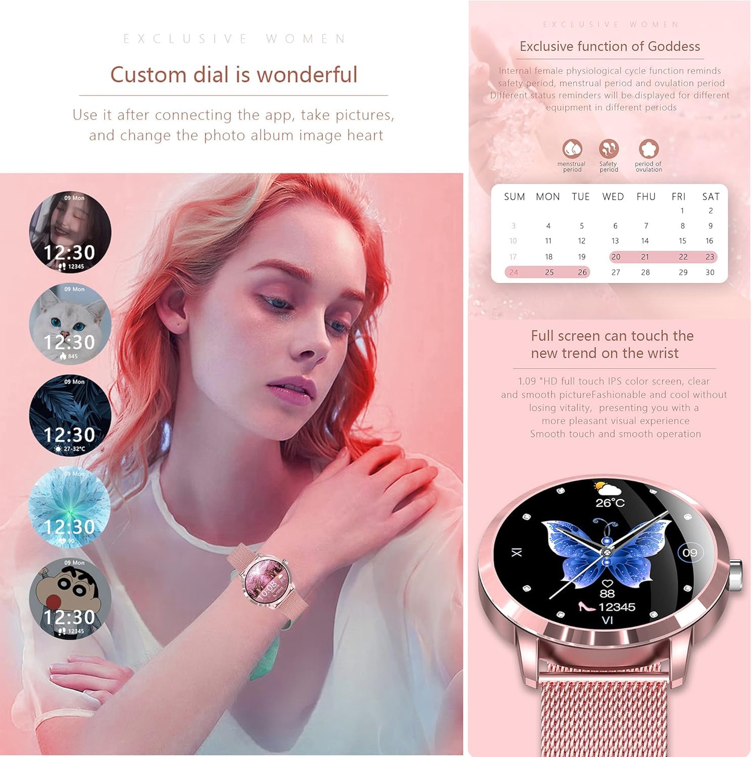 Reloj inteligente para mujer, 1,32 pulgadas, AMOLED con función de teléfono, rastreador de fitness, 123 modos deportivos, monitor de actividad con presión arterial, monitor de sueño, podómetro, reloj