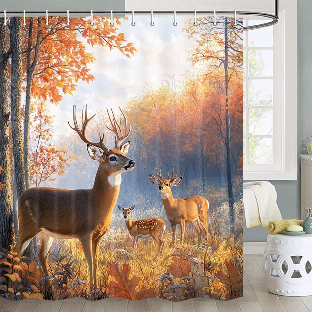 UIYIUI Forest Deer Shower Curtain 110x79in-280x200cm Fall Forest Wildlife Animal Elk Hunting Theme Bathroom Curtain Set with Hooks, Autumn Farmhouse Nature Scenery Polyester Fabric for Bathtubs
