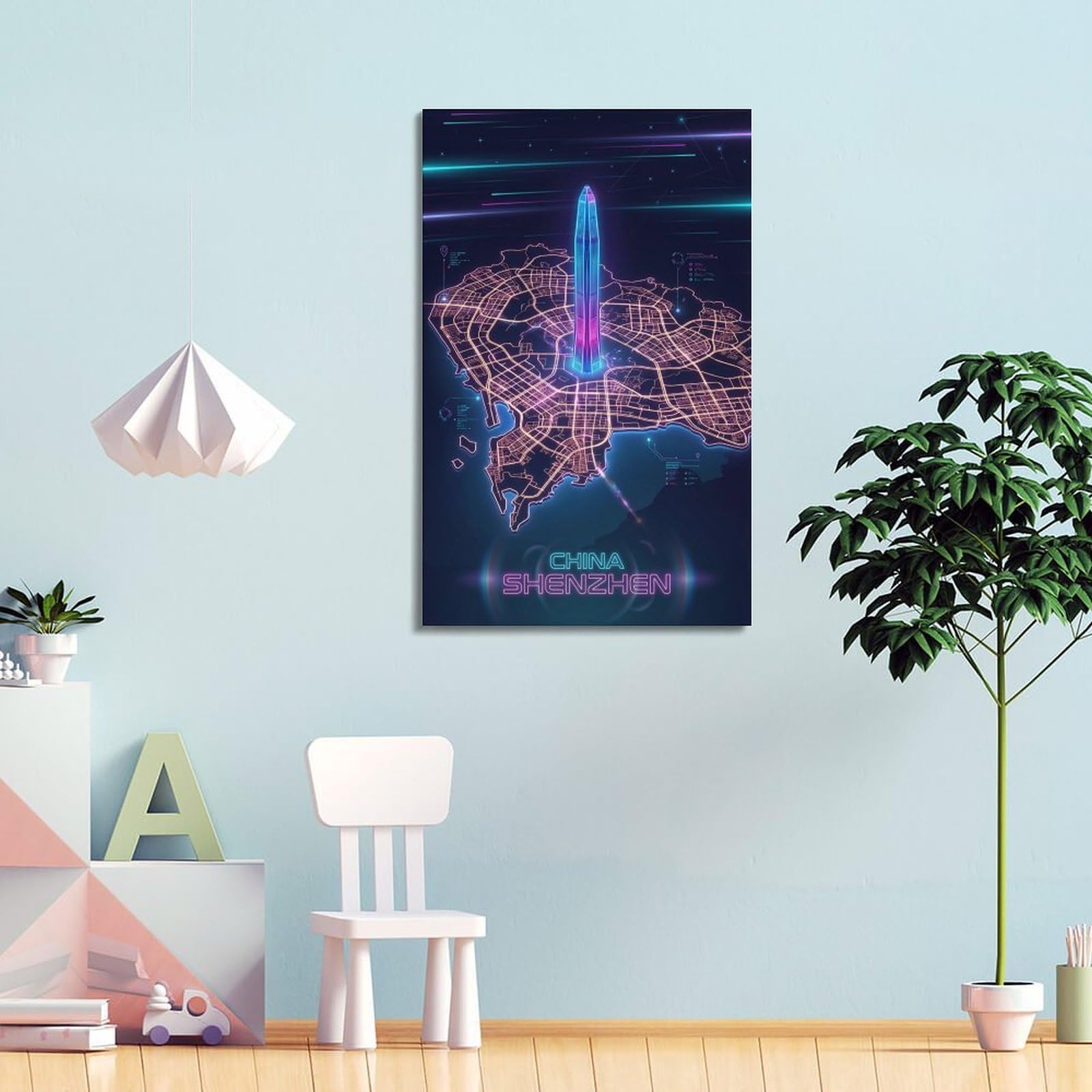XKUGA Poster con mappa della stanza dei videogiochi, stampa su tela moderna decorativa di Shenzhen, Cina, Cyberpunk, decorazione artistica da parete ideale per la famiglia, la grotta degli uomini, la