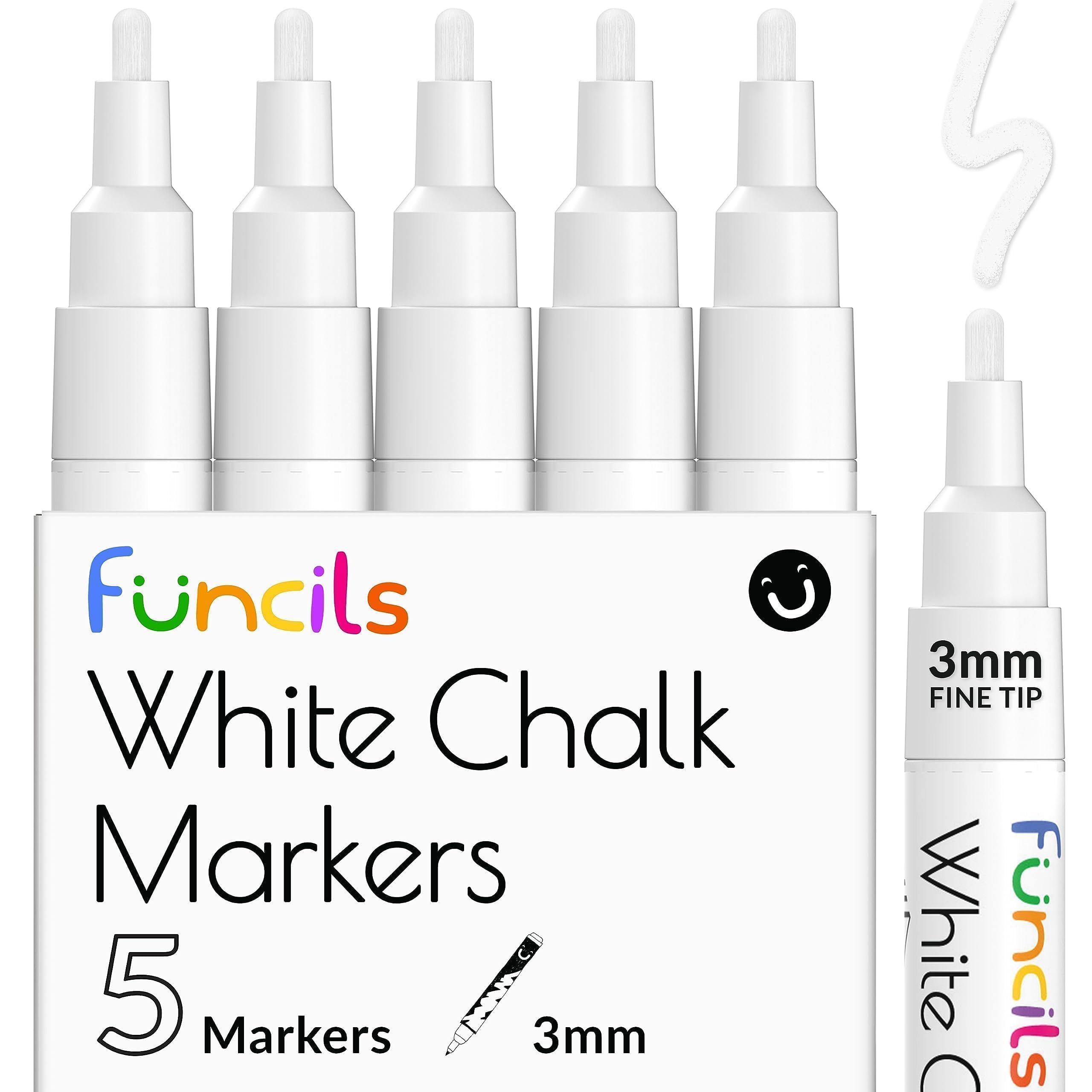 White Chalk Markers Fine Tip (5 Pack, 3mm Reversible Tip) - For Chalkboard, Blackboard, Car Windows, Glass, Acrylic Calendar | Dry erase, Erasable Thin Liquid Chalk Pens
