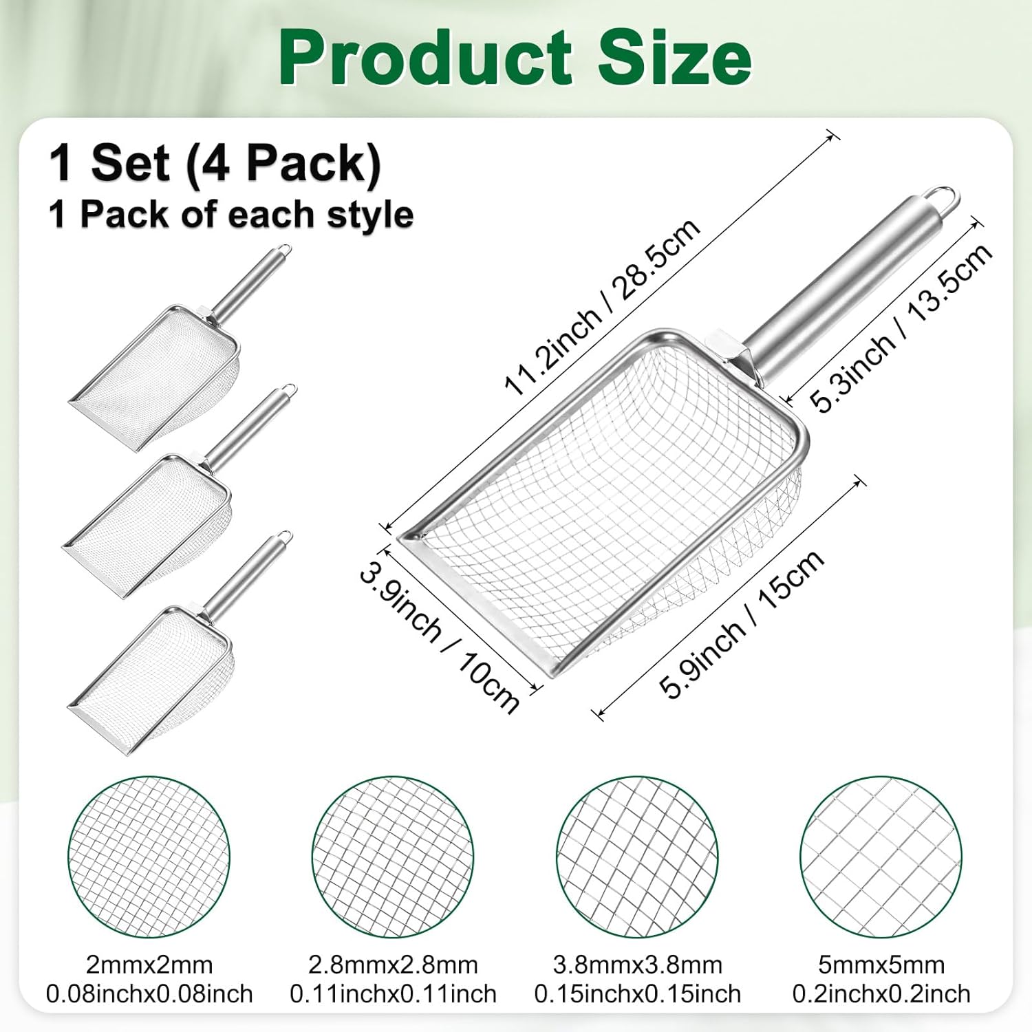 M METERXITY 4-Pack Gardening Soil Sifter, 2.5/3.3/4/6 mm Mesh Stainless Steel Sand Soil Compost Sieve with Round Stainless Steel Handle for Sand/Dirt/Rock Compost [Silver Tone]