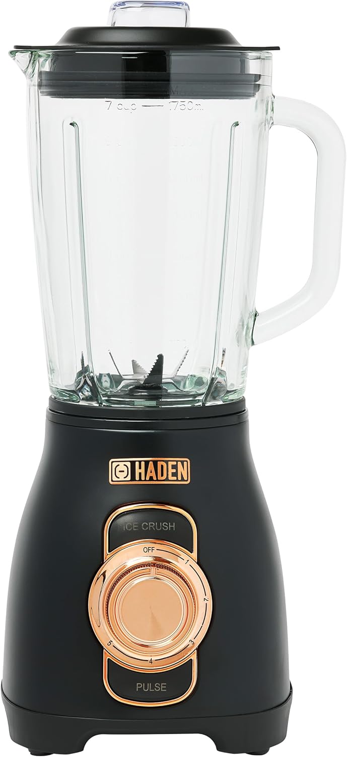 Haden Power Blender, 1.75 Liter Glass Jug, High Power 700W Motor, 5 Speed Settings, Pulse and Ice Crush Buttons, Stainless Steel, Black/Copper Haden Power Blender, 1.75 Liter Glass Jug, High Power 700W Motor, 5 Speed Settings, Pulse and Ice Crush Buttons, Stainless Steel, Black/Copper