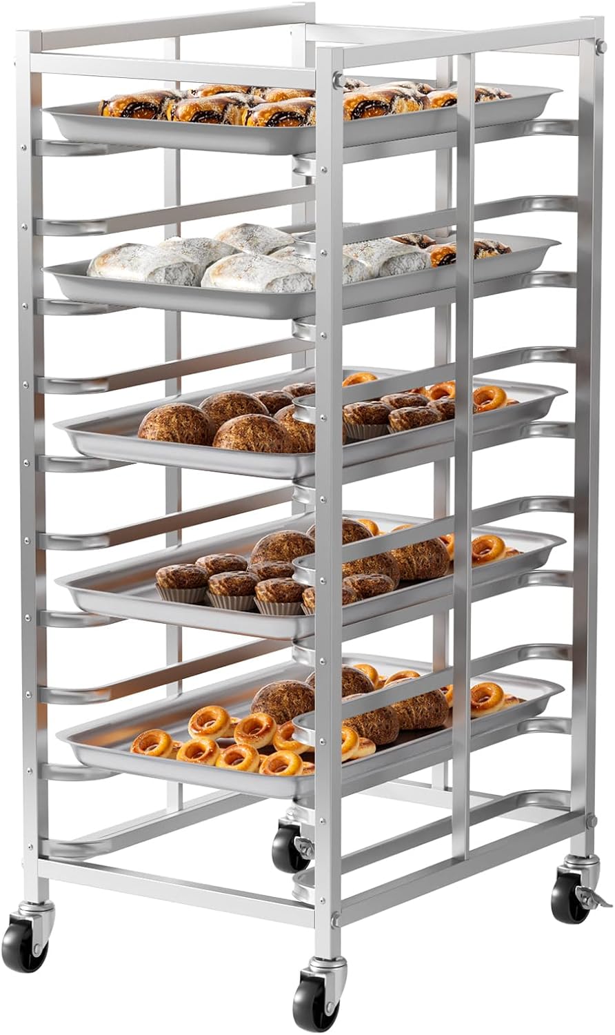 10-Tier Quarter & Half Sheet Pan Rack, Commercial Sheet Pan Rack on Wheels, Stainless Steel Storage Rack for Baking Sheets Cookie Pans, for Bakery Restaurant Kitchen, 23.6" x 18.1" x 45.3" (10-Tier)