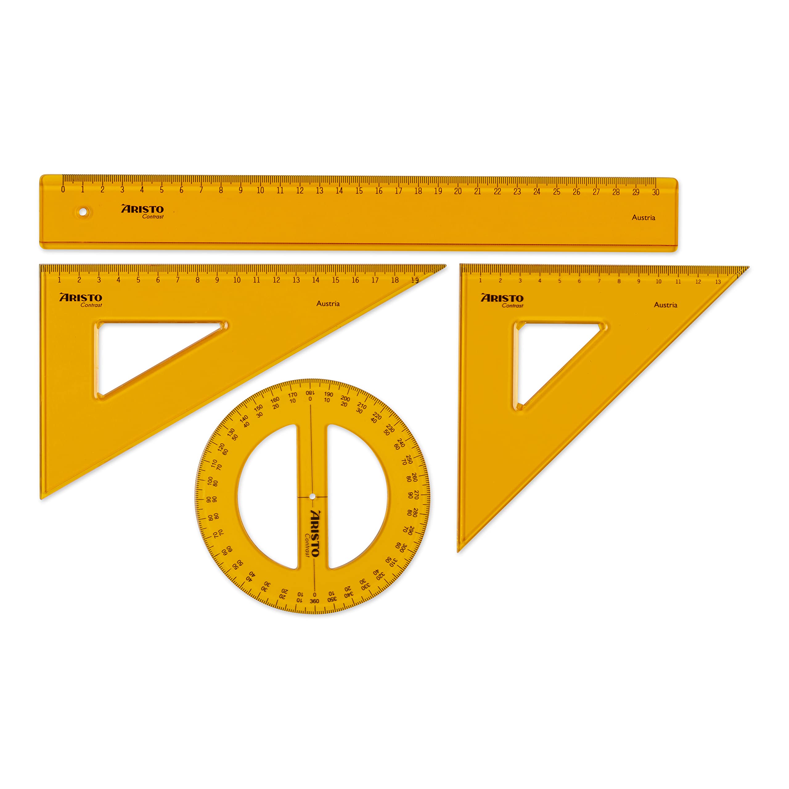 Aristo AR22509 Geometry Contrast Set (45° Triangle, 60° Triangle, Full Circle Protractor, Ruler 30 cm, Ink Edges and Facets, Plastic) Contrast Increased Orange