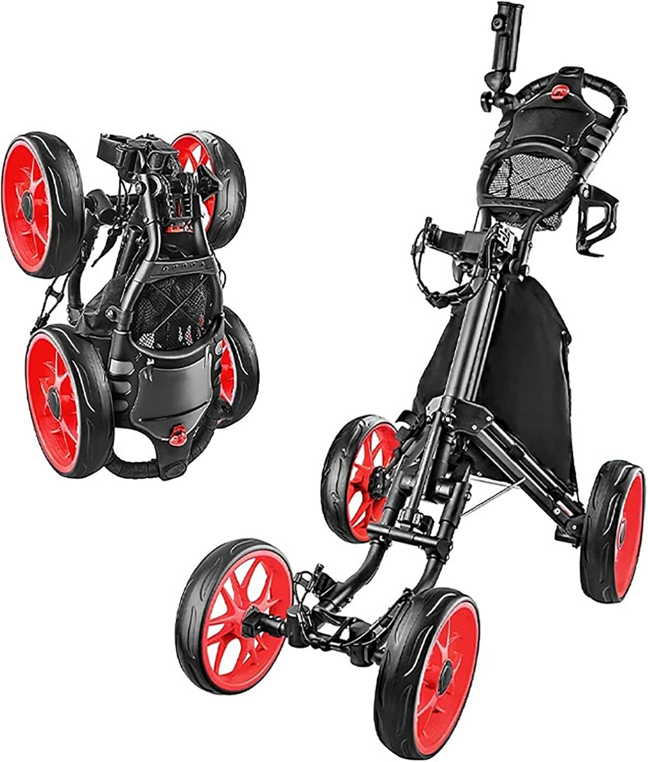 4-Wheel Golf Push Cart Folding Golf Push Cart Aluminum Frame Lightweight, One-Step Foldable Compact Design, Portable Golf Bag Caddy with All-Terrain WheelsRed,L