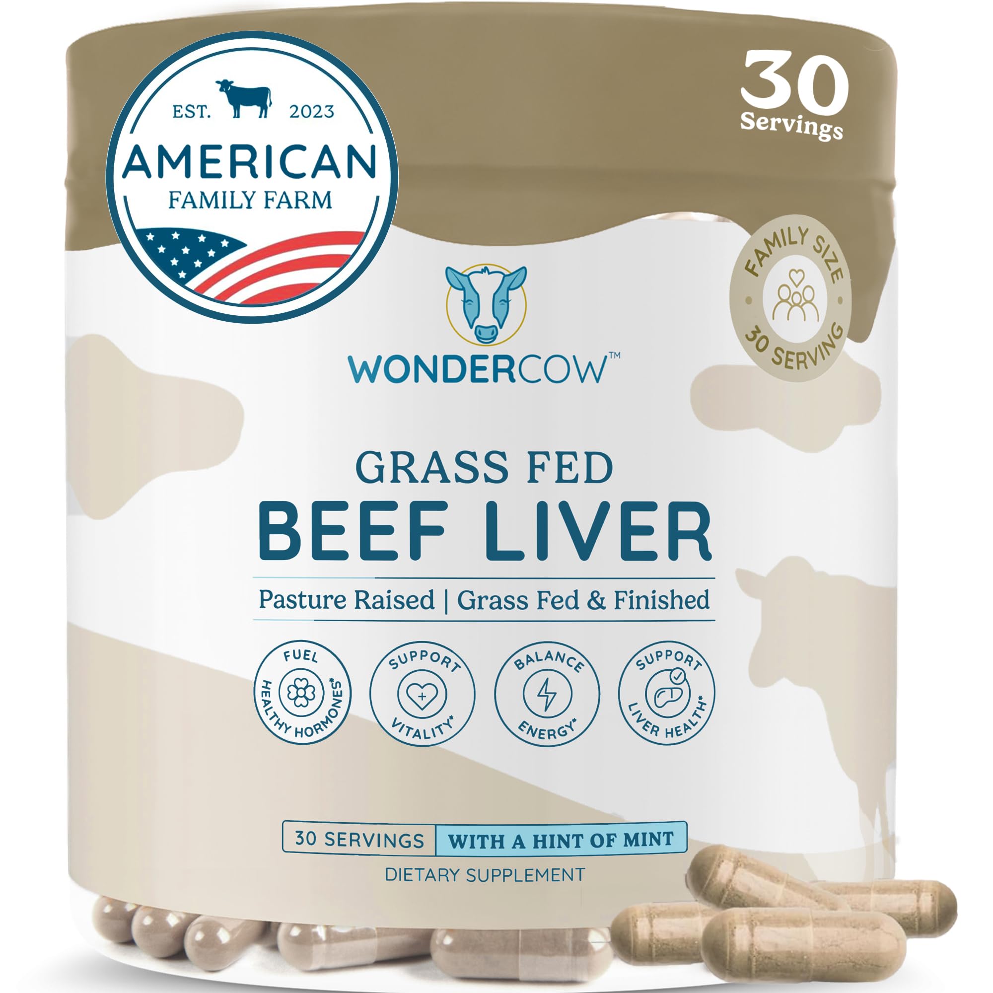 WONDERCOW Beef Liver Capsules Grass Fed Supplement - Desiccated & Natural Source of Protein, Iron, Vitamins A & B- Boosts Energy and Immunity | USA Grown, Non-GMO, Gluten Free