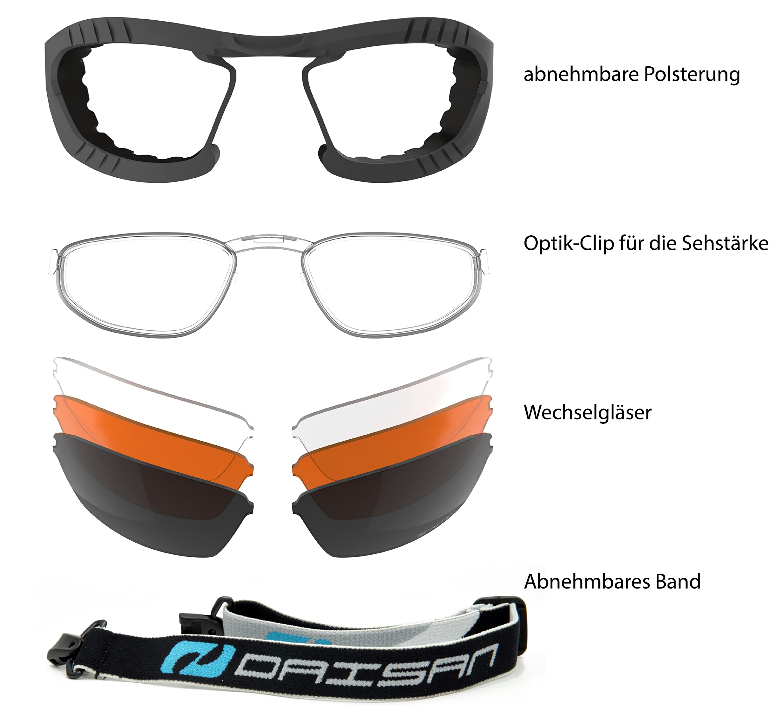 Daisan® - Bikerbrillen | Motorradbrille für Brillenträger | beschlagfrei winddicht | klare für Nacht und orange Kontrastgläser| Bügel, Band, Sehstärke System