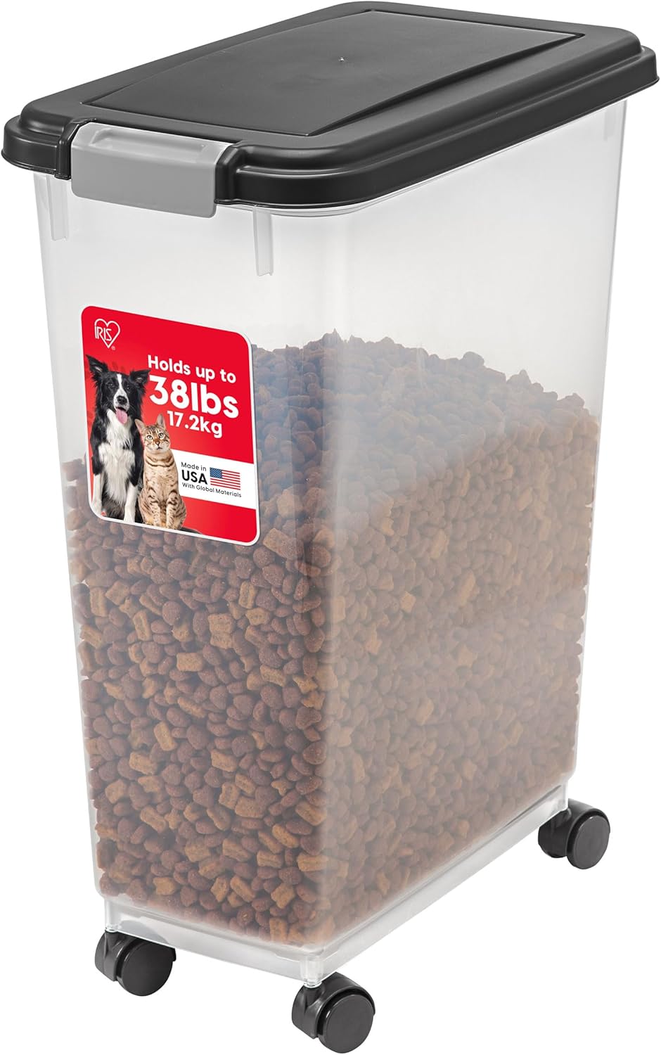 IRIS USA Airtight Dog Food Storage Container, Up to 38 lbs, Attachable Wheels, For Dog Cat Bird and Other Pet Food Storage Bin, Keep Fresh, Translucent Body, Easy Mobility, Black