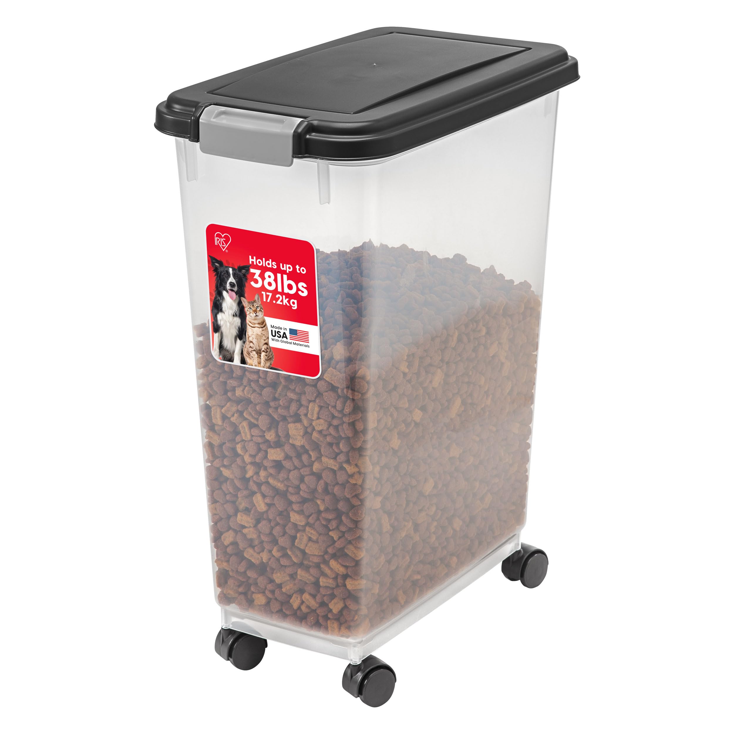 IRIS USA Airtight Dog Food Storage Container, Up to 38 lbs, Attachable Wheels, For Dog Cat Bird and Other Pet Food Storage Bin, Keep Fresh, Translucent Body, Easy Mobility, Black