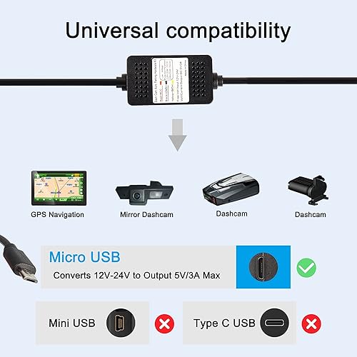 Miniatura 9 de MEIRIYFA Kit de cable duro para salpicadero, cable USB tipo C, cable reductor, 12V-24V a DC 5V 3A, cable de alimentación para coche, cámara