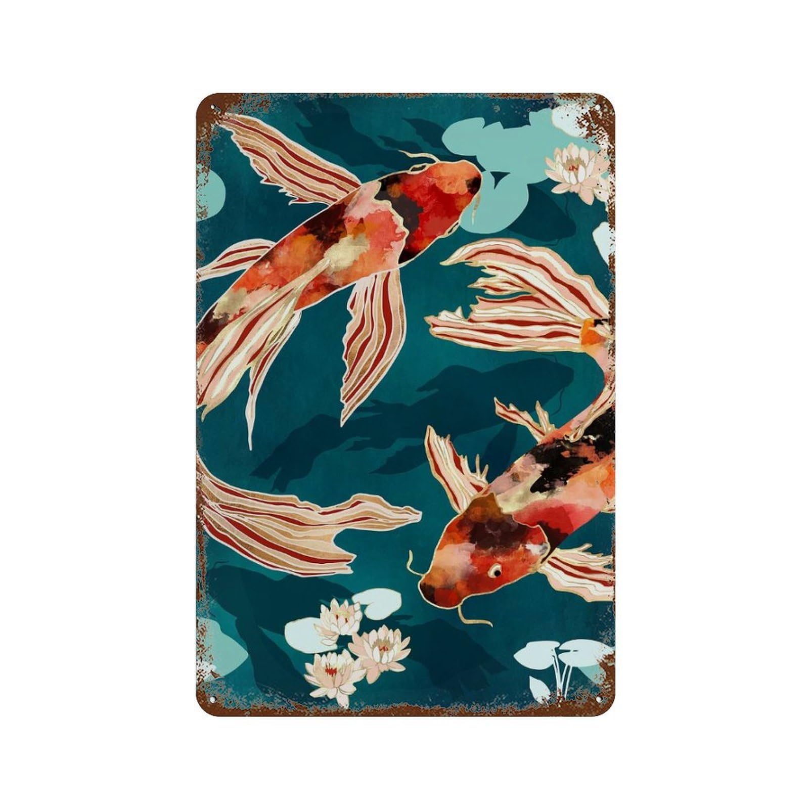 Rusty Metal Tin Sign with Metallic Koi VII Design 11.8"x7.9", for Farmhouse, Kitchen And Entryway Decor, Classic Wall Plaque