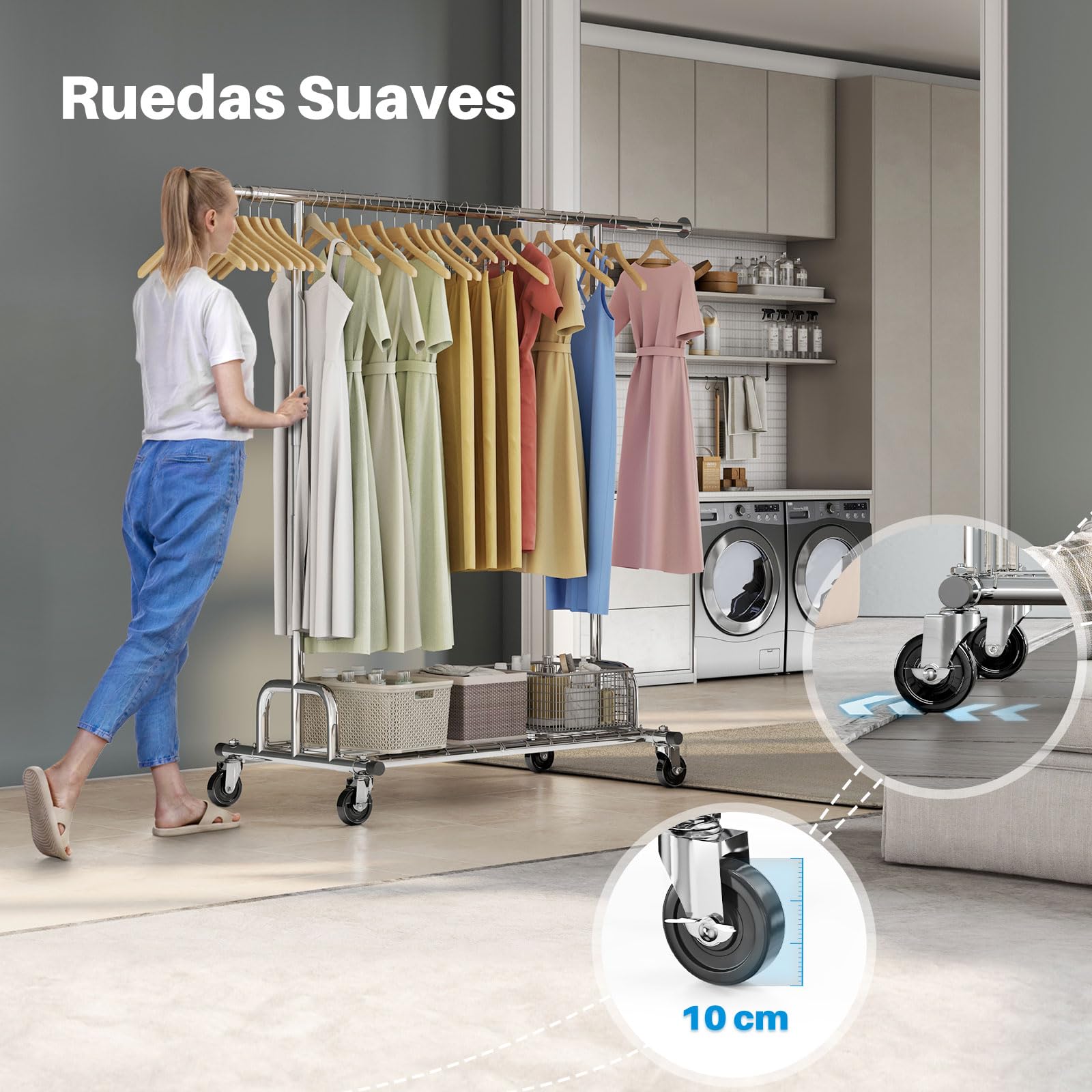HOKEEPER Burro de Ropa Resistente 238kg, Barra Extensible con Ruedas Bloqueables y Estante, Ahorra Espacio para Dormitorio, Apartamento, Lavandería, Plateado
