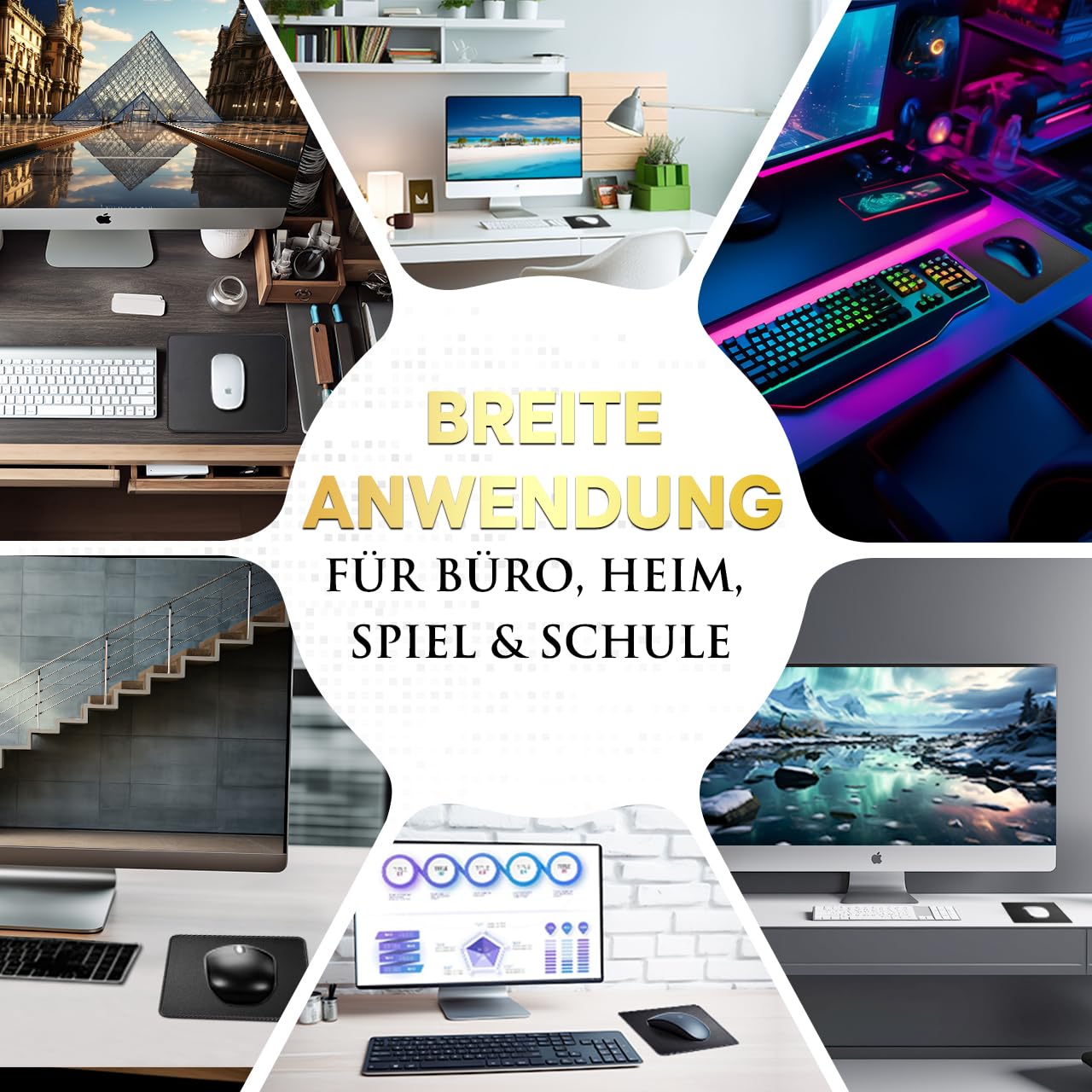 JIKIOU Mauspad, 3er-Pack, Mauspad mit genähtem Rand, rutschfeste Gummiunterseite, waschbar, mit Lycra-Tuch für Gaming, Zuhause und Büro, Schwarz