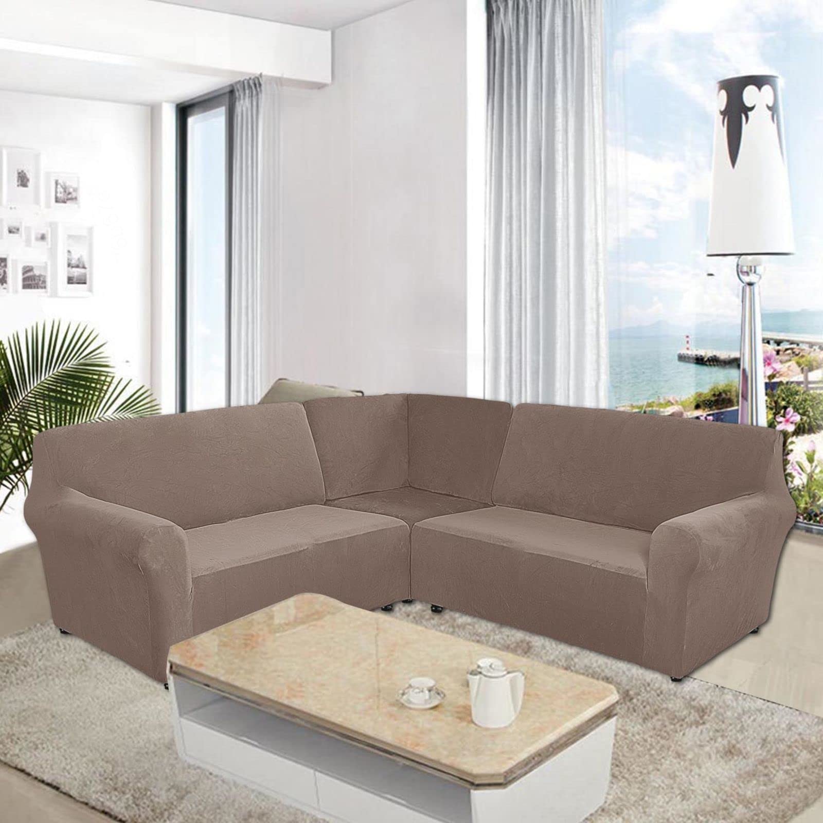 Housse de canapé en L en velours extensible pour rénover un canapé d'angle usé facilement
